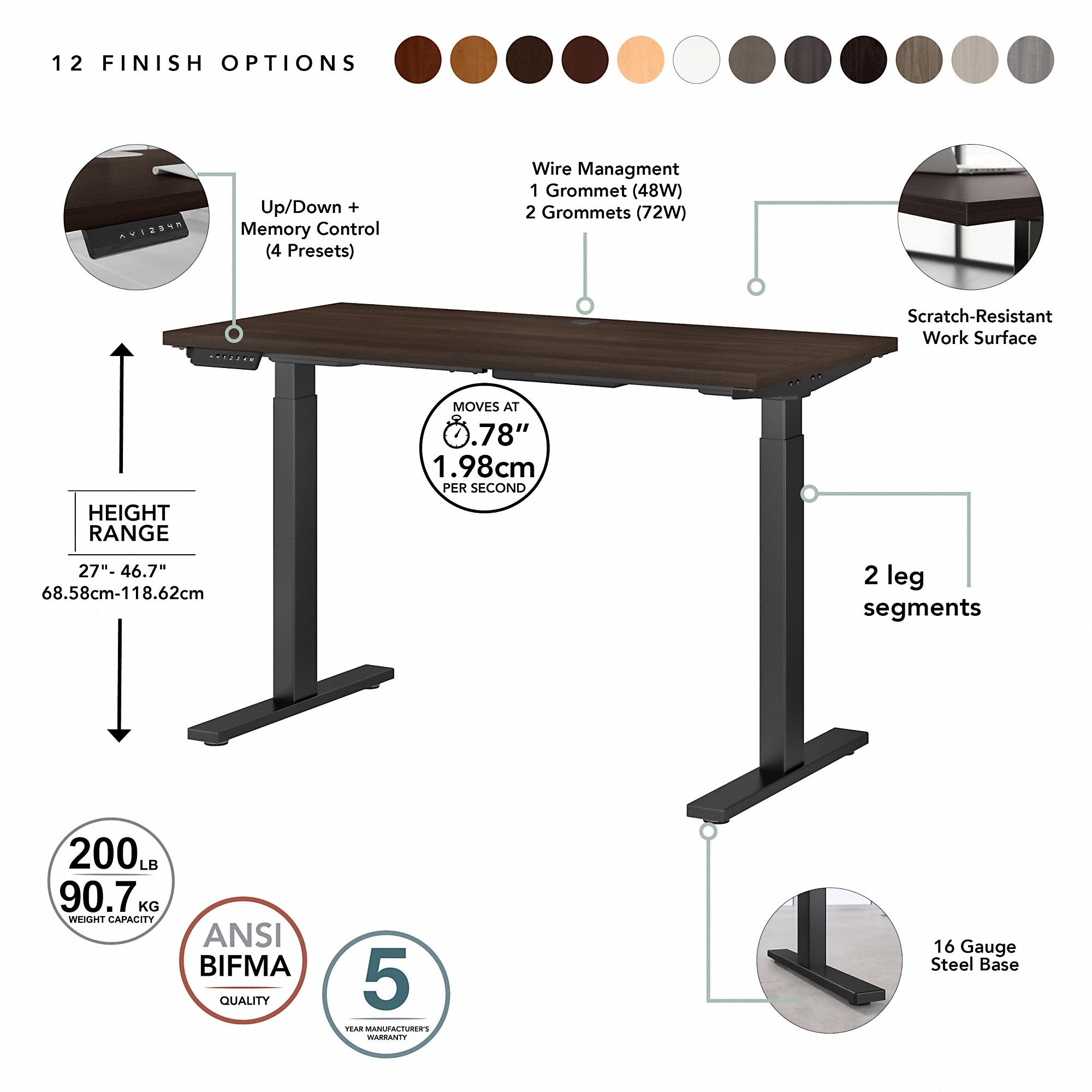 Move 60 Series by Bush Business Furniture 48W x 24D Height Adjustable Standing Desk