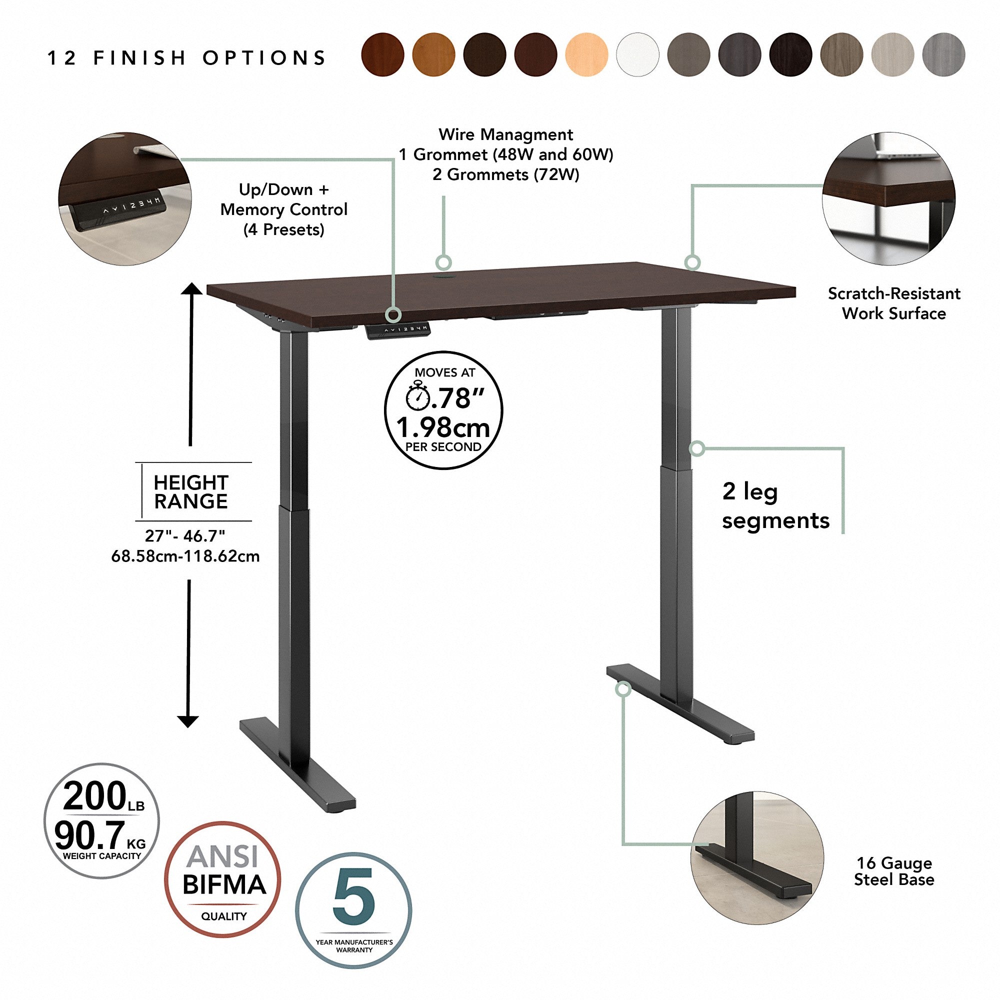 Move 60 Series by Bush Business Furniture 48W x 24D Height Adjustable Standing Desk