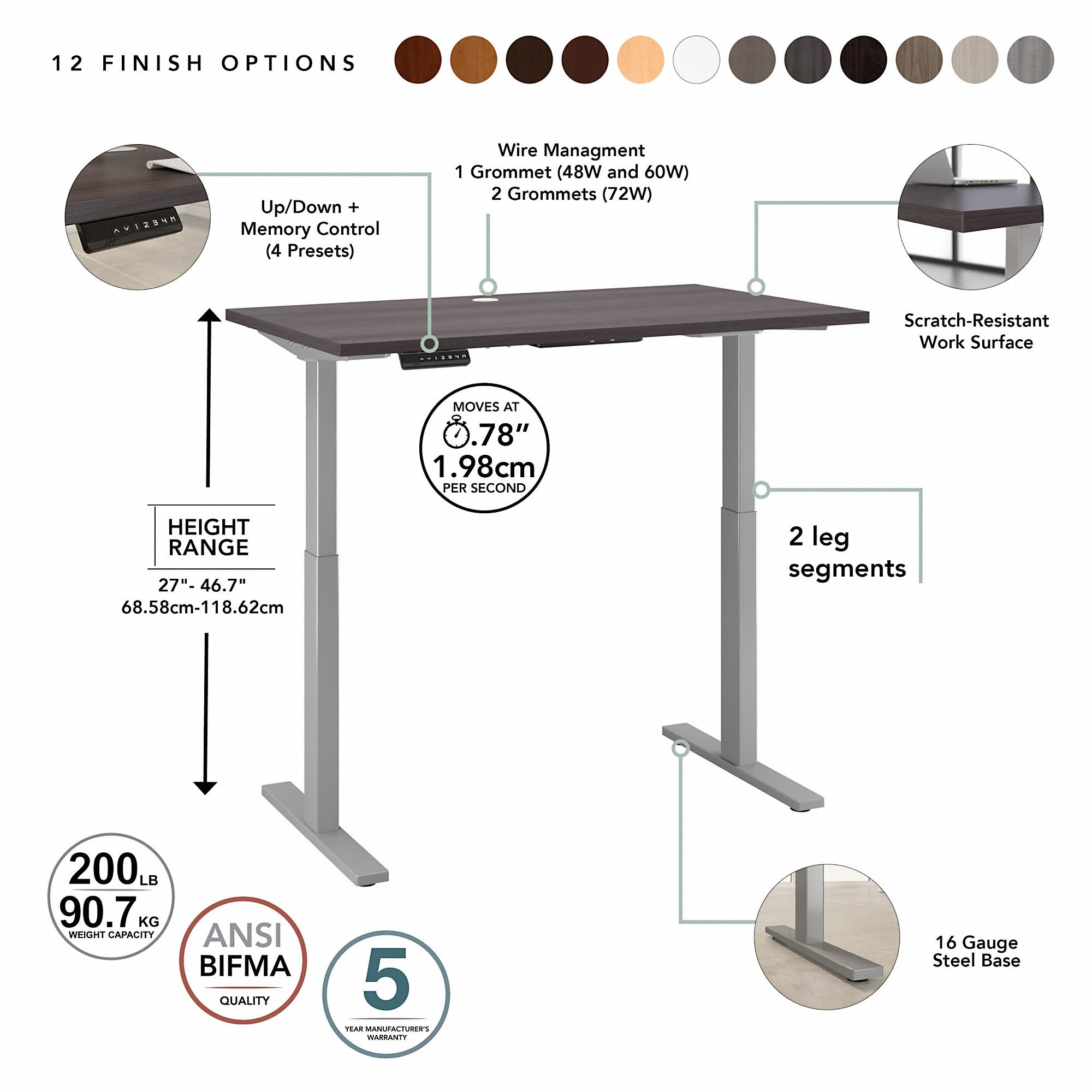 Move 60 Series by Bush Business Furniture 48W x 24D Height Adjustable Standing Desk