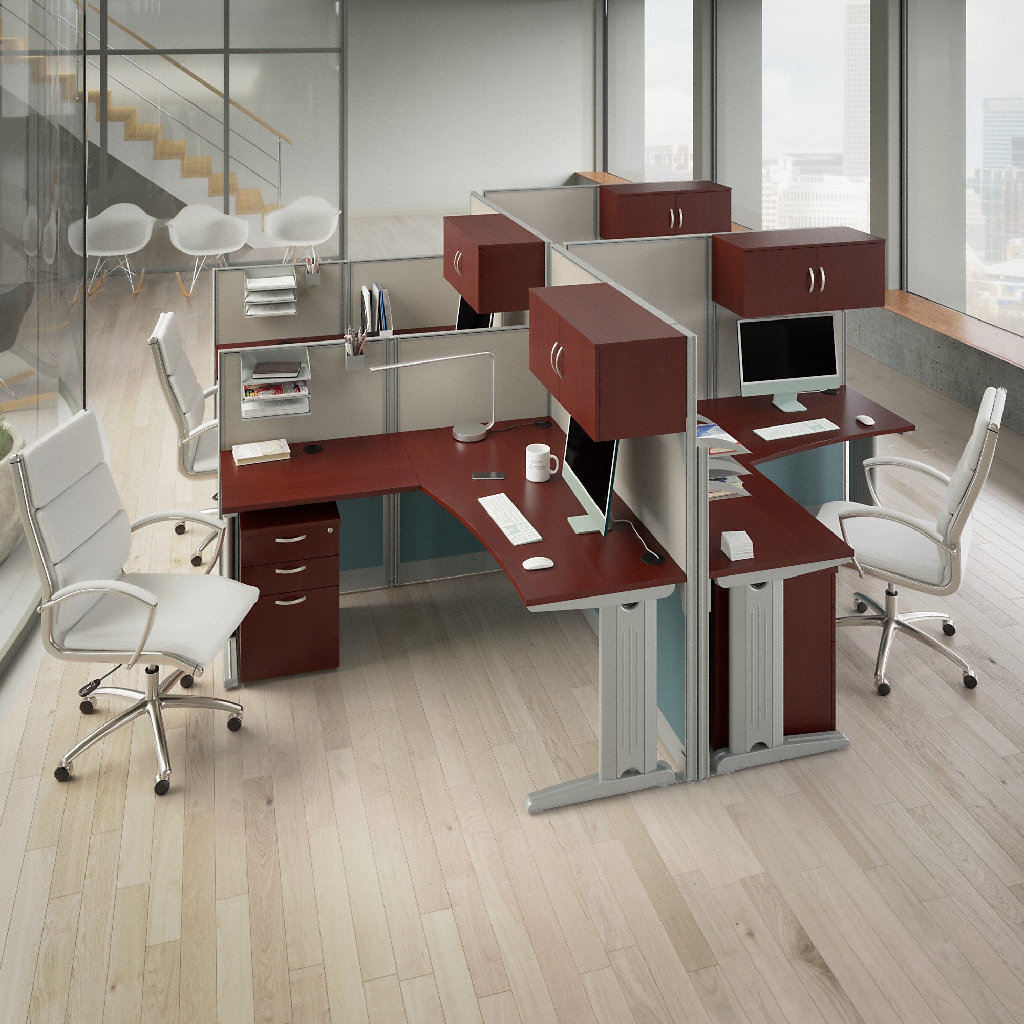 Bush Business Furniture Office in an Hour 4 Person L Shaped Cubicle Workstations