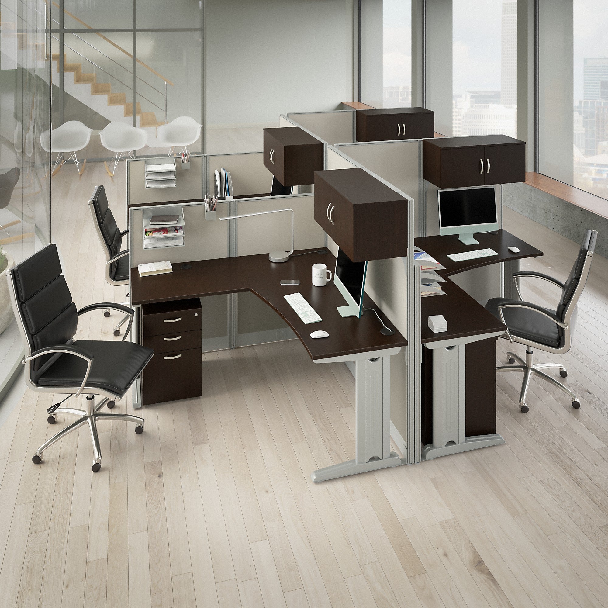 Bush Business Furniture Office in an Hour 4 Person L Shaped Cubicle Workstations