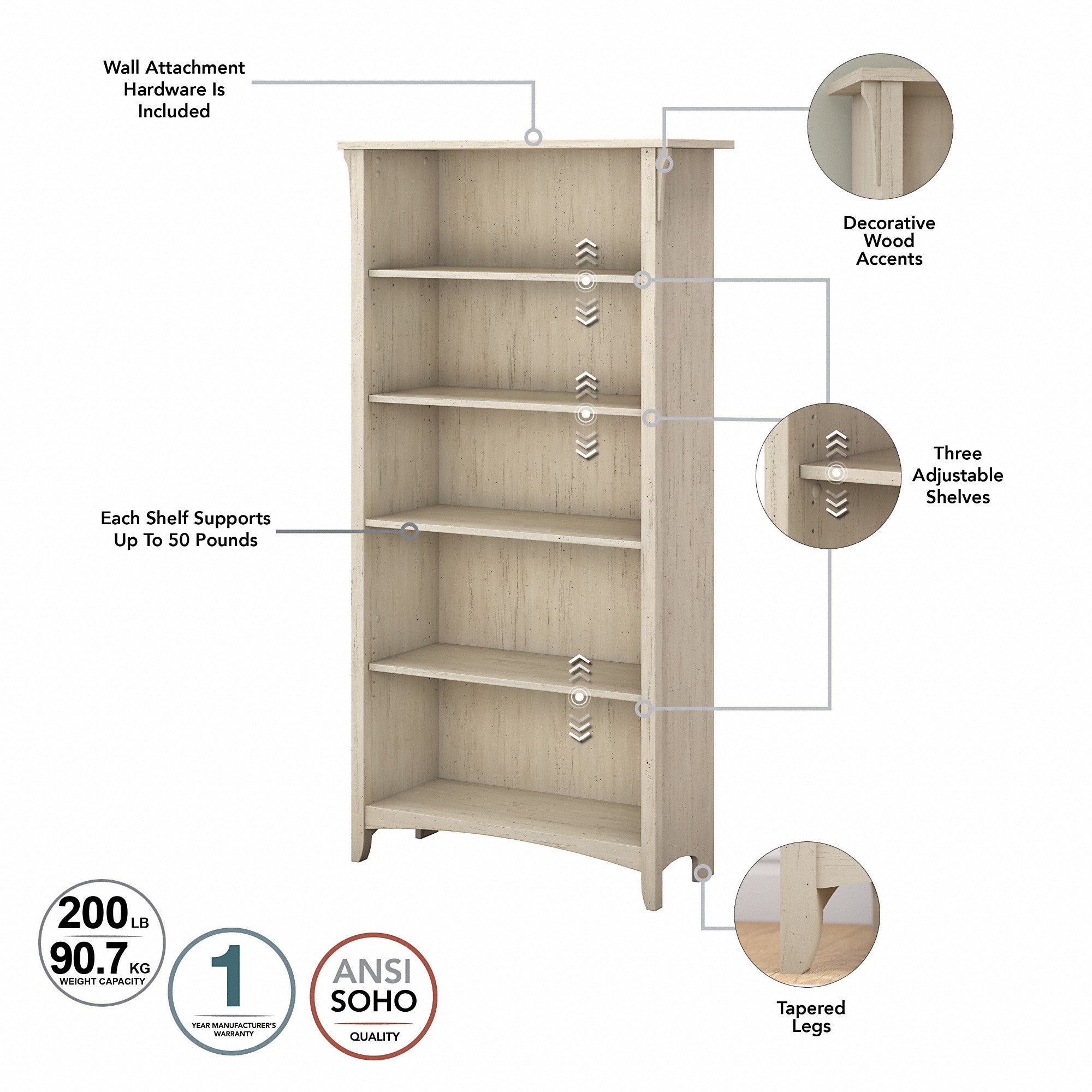 Bush Furniture Salinas Tall 5 Shelf Bookcase