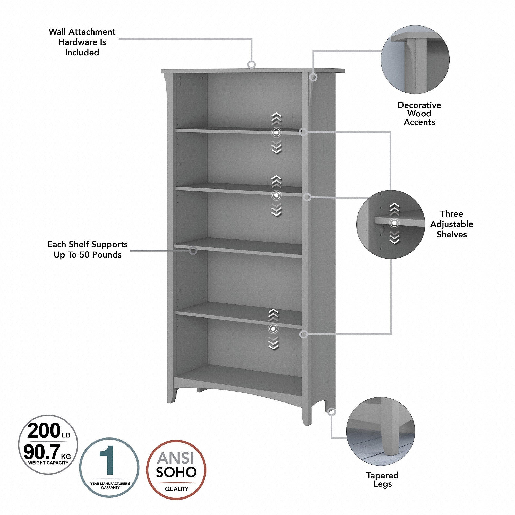 Bush Furniture Salinas Tall 5 Shelf Bookcase