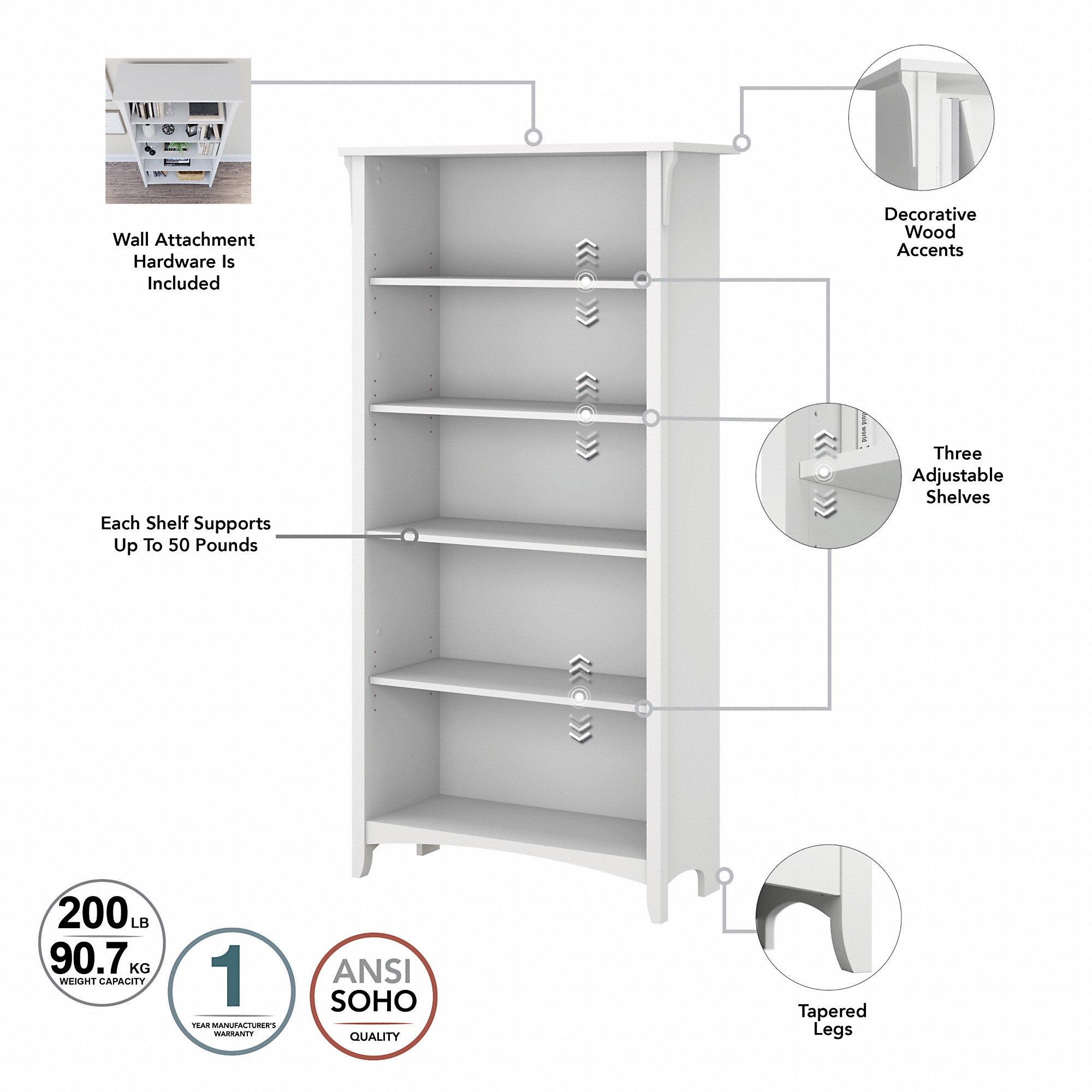 Bush Furniture Salinas Tall 5 Shelf Bookcase