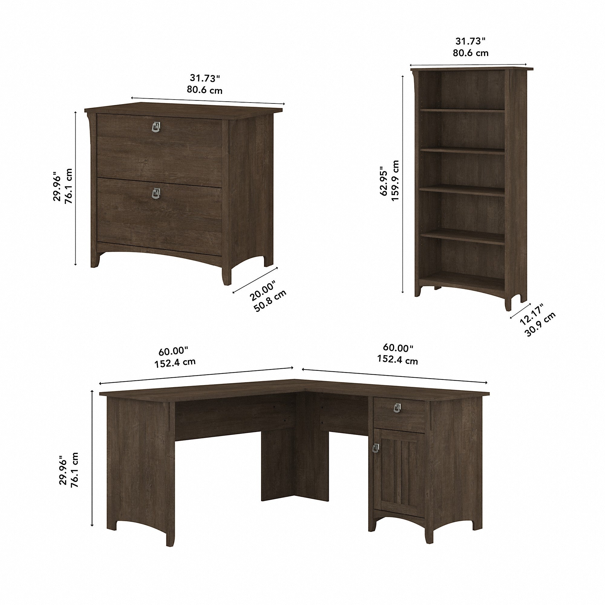 Bush Furniture Salinas 60W L Shaped Desk with Lateral File Cabinet and 5 Shelf Bookcase