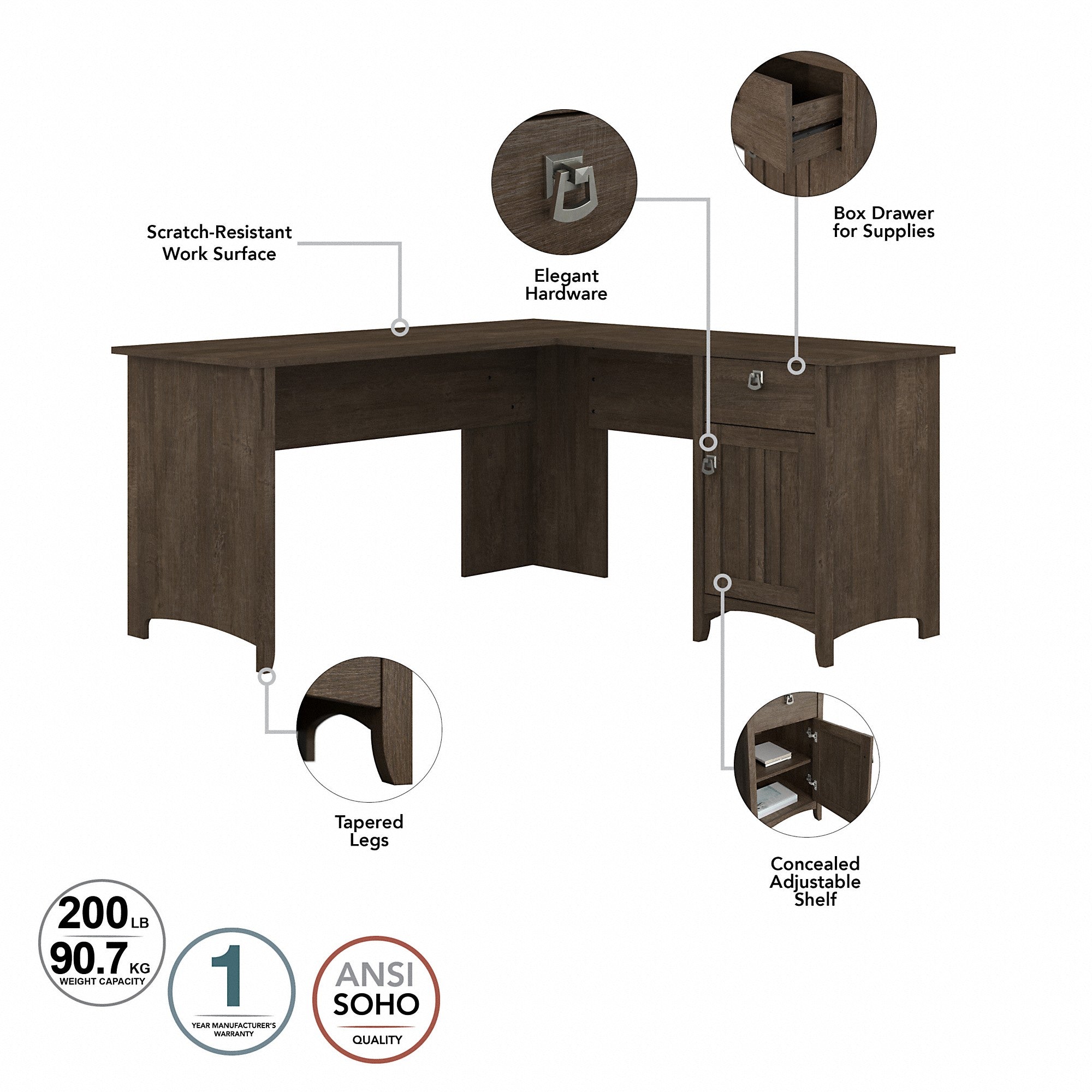 Bush Furniture Salinas 60W L Shaped Desk with Lateral File Cabinet and 5 Shelf Bookcase