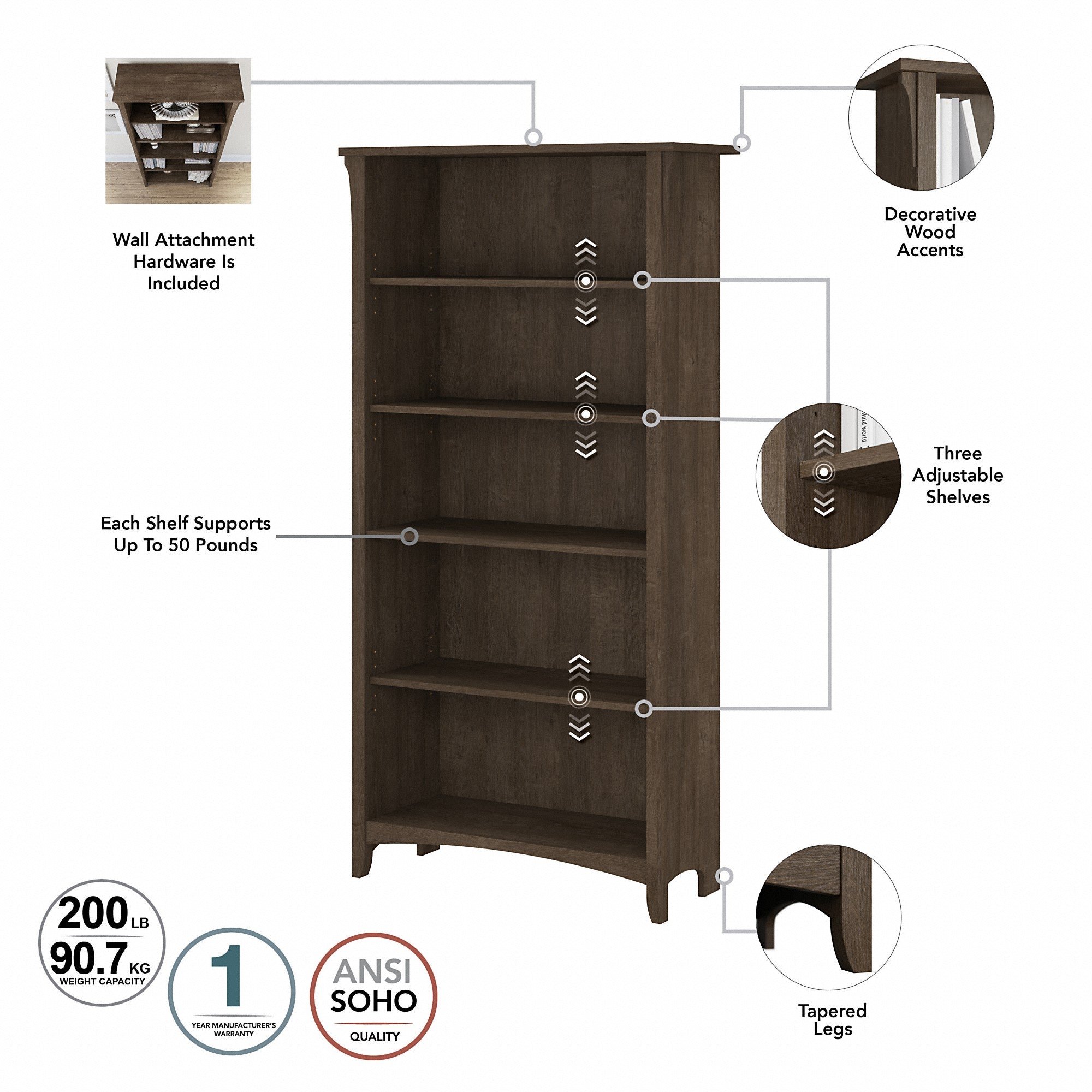 Bush Furniture Salinas 60W L Shaped Desk with Lateral File Cabinet and 5 Shelf Bookcase