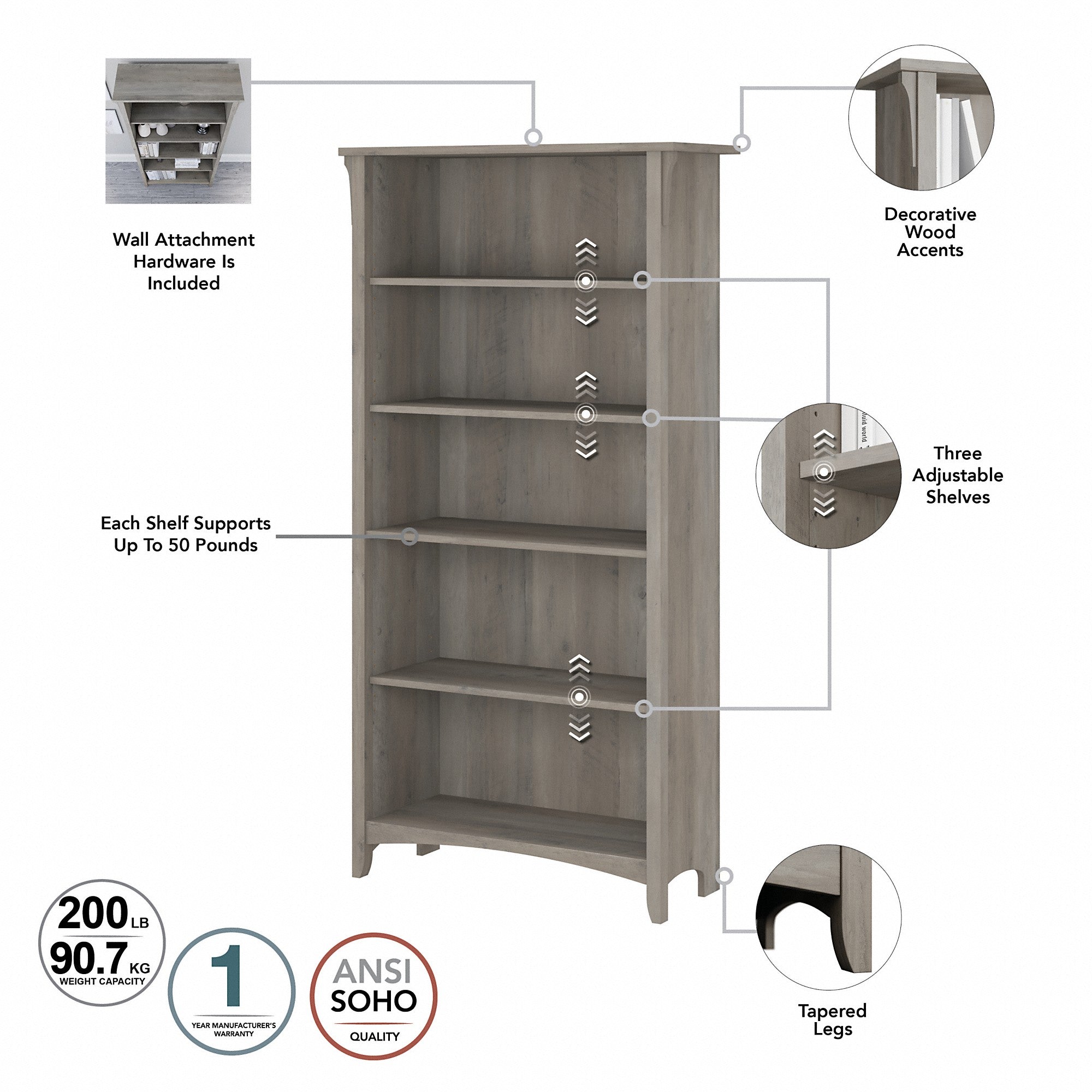 Bush Furniture Salinas 60W L Shaped Desk with Lateral File Cabinet and 5 Shelf Bookcase