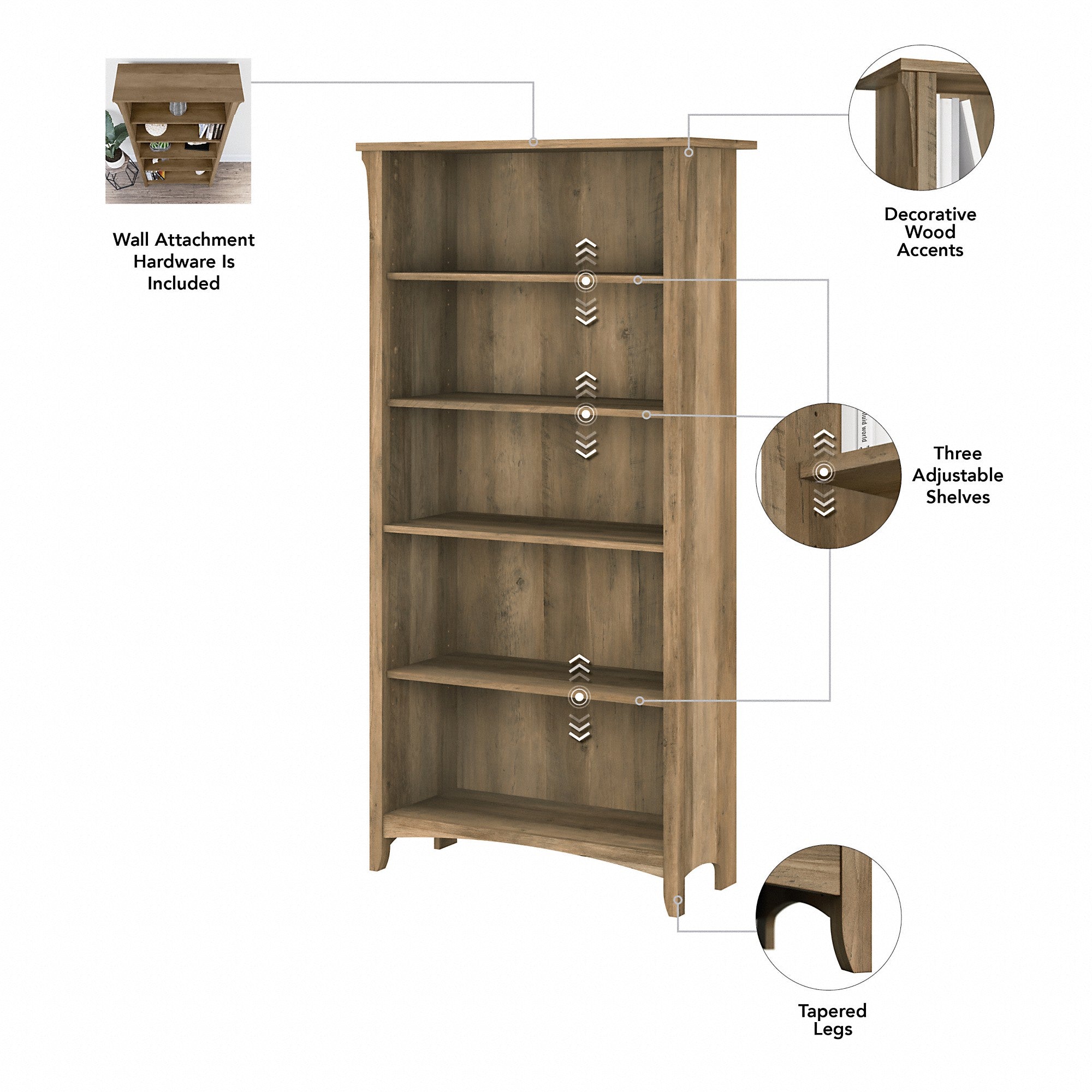 Bush Furniture Salinas 60W L Shaped Desk with Lateral File Cabinet and 5 Shelf Bookcase