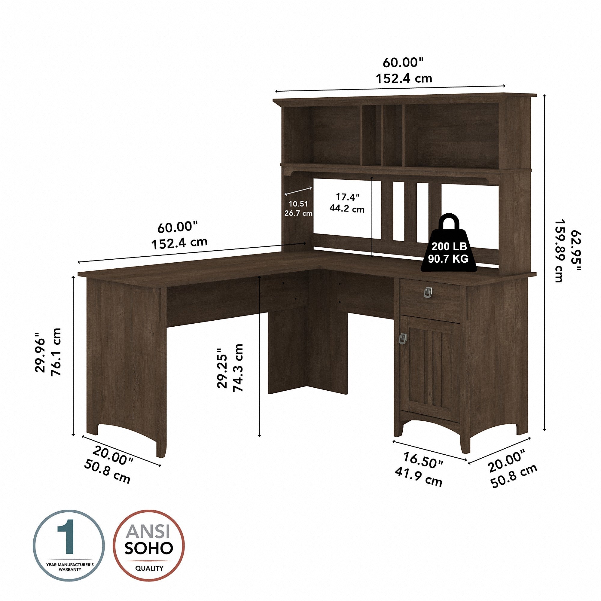 Bush Furniture Salinas 60W L Shaped Desk with Hutch