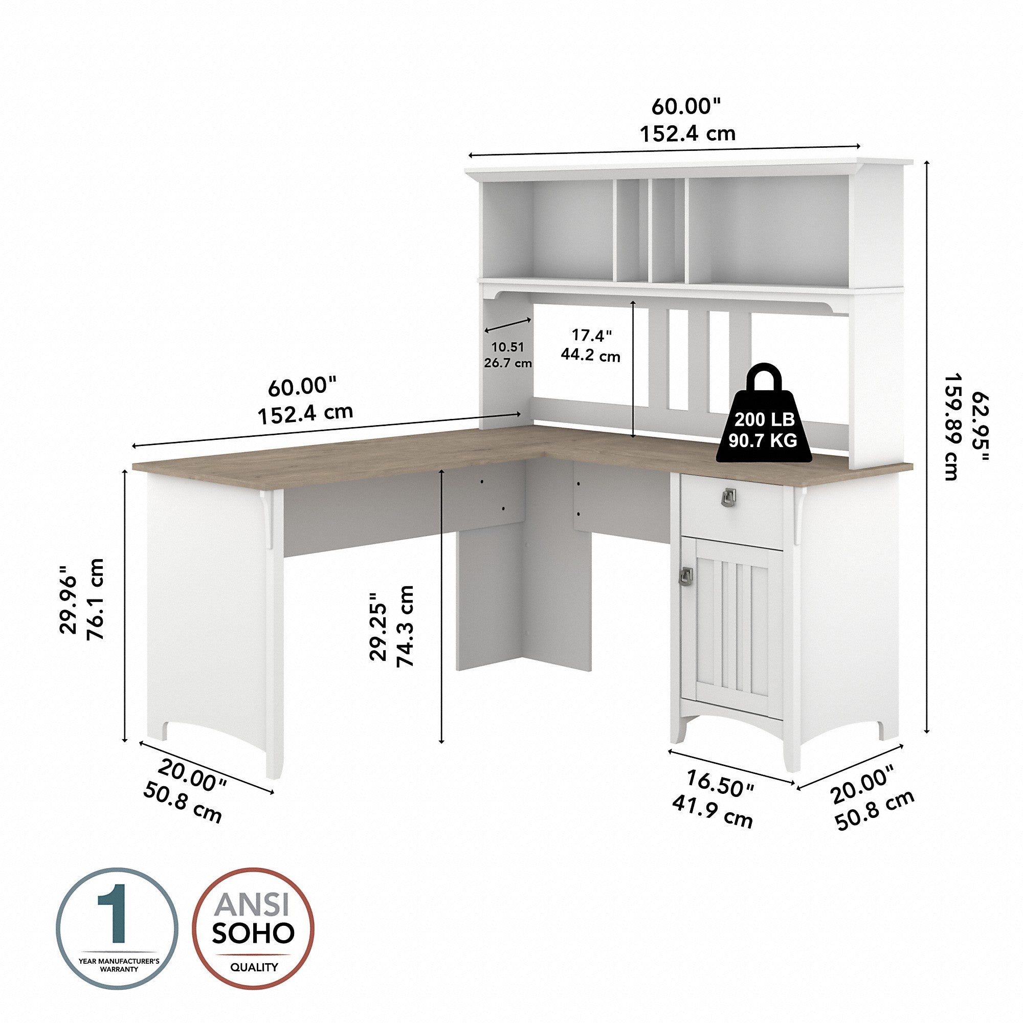 Bush Furniture Salinas 60W L Shaped Desk with Hutch