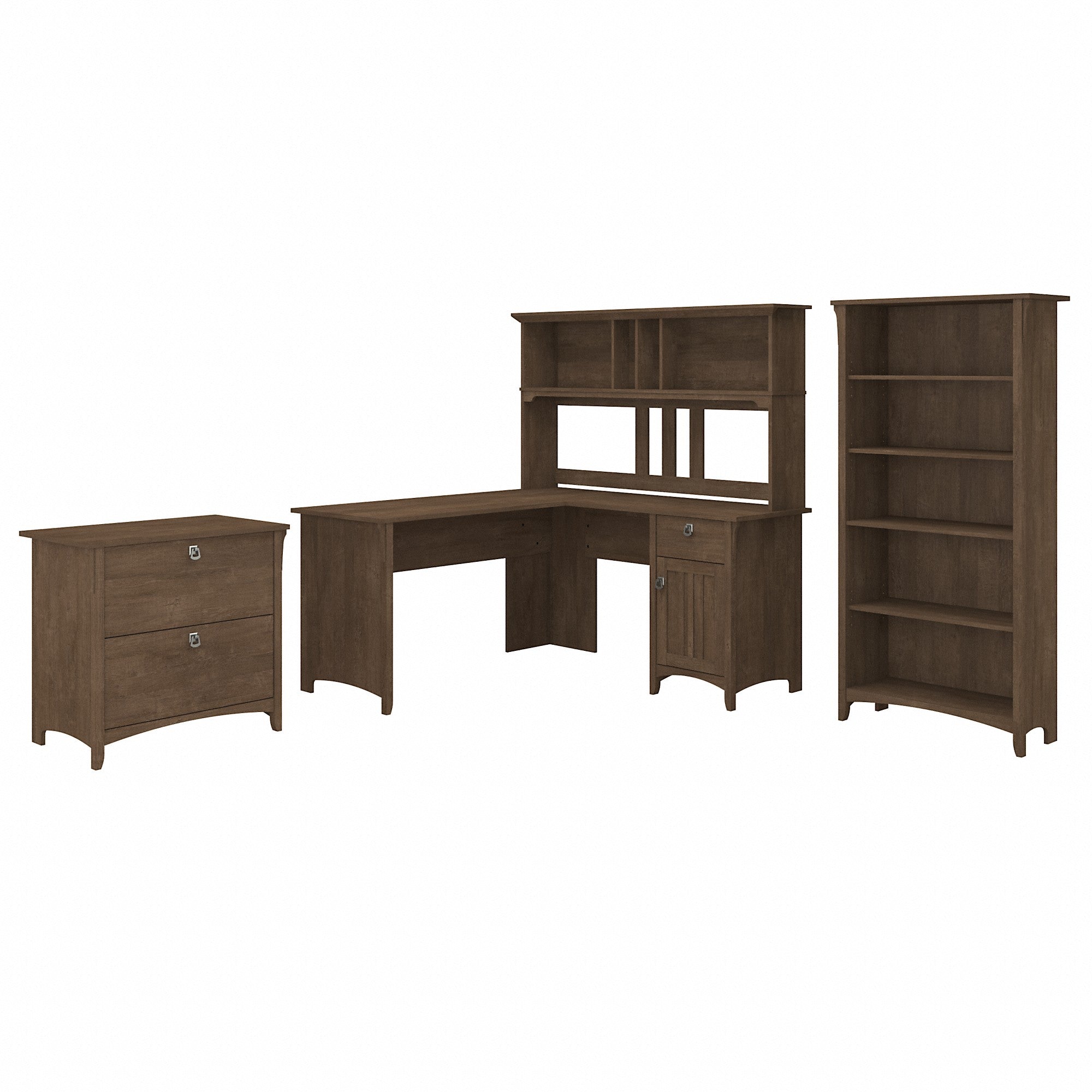 Bush Furniture Salinas 60W L Shaped Desk with Hutch, Lateral File Cabinet and 5 Shelf Bookcase