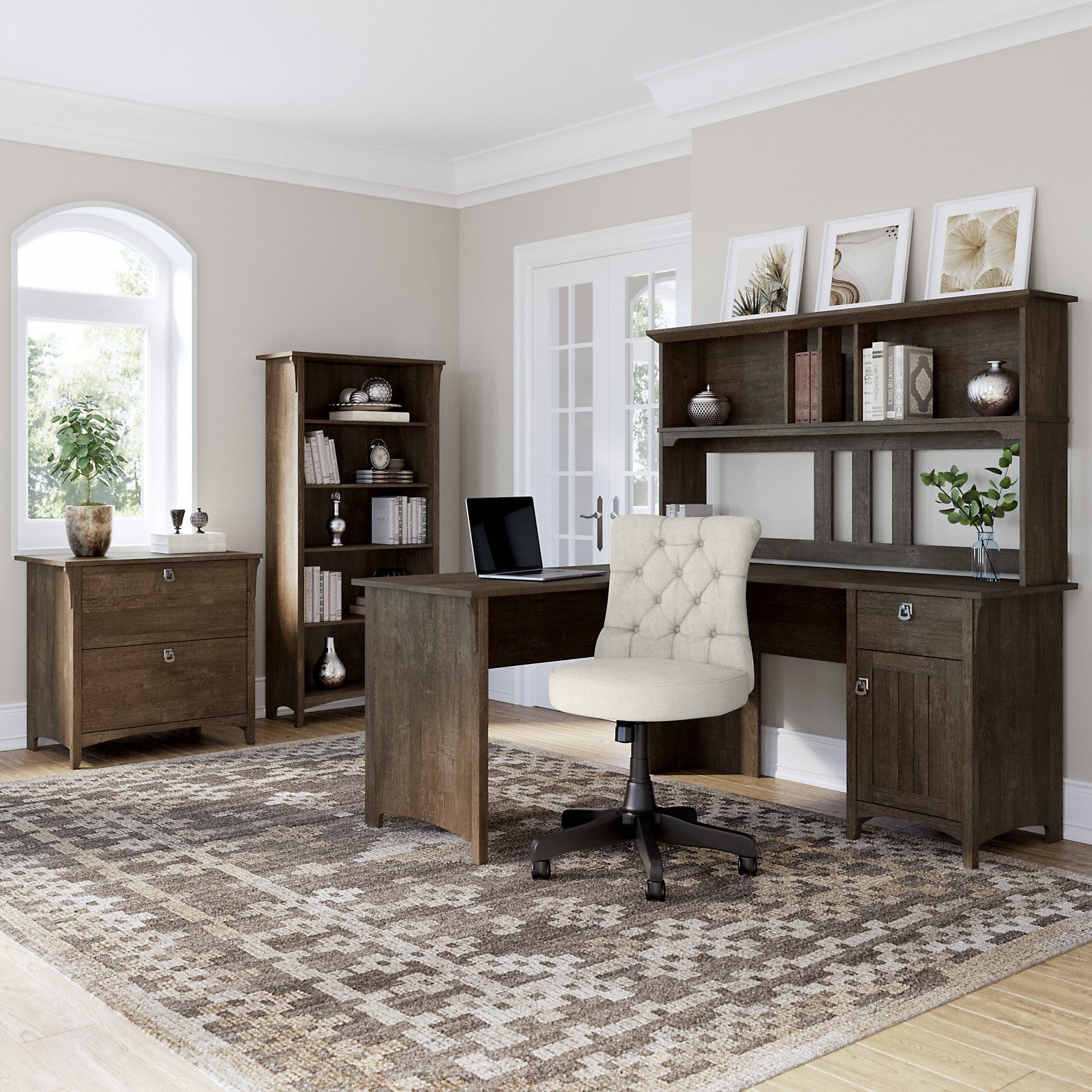 Bush Furniture Salinas 60W L Shaped Desk with Hutch, Lateral File Cabinet and 5 Shelf Bookcase