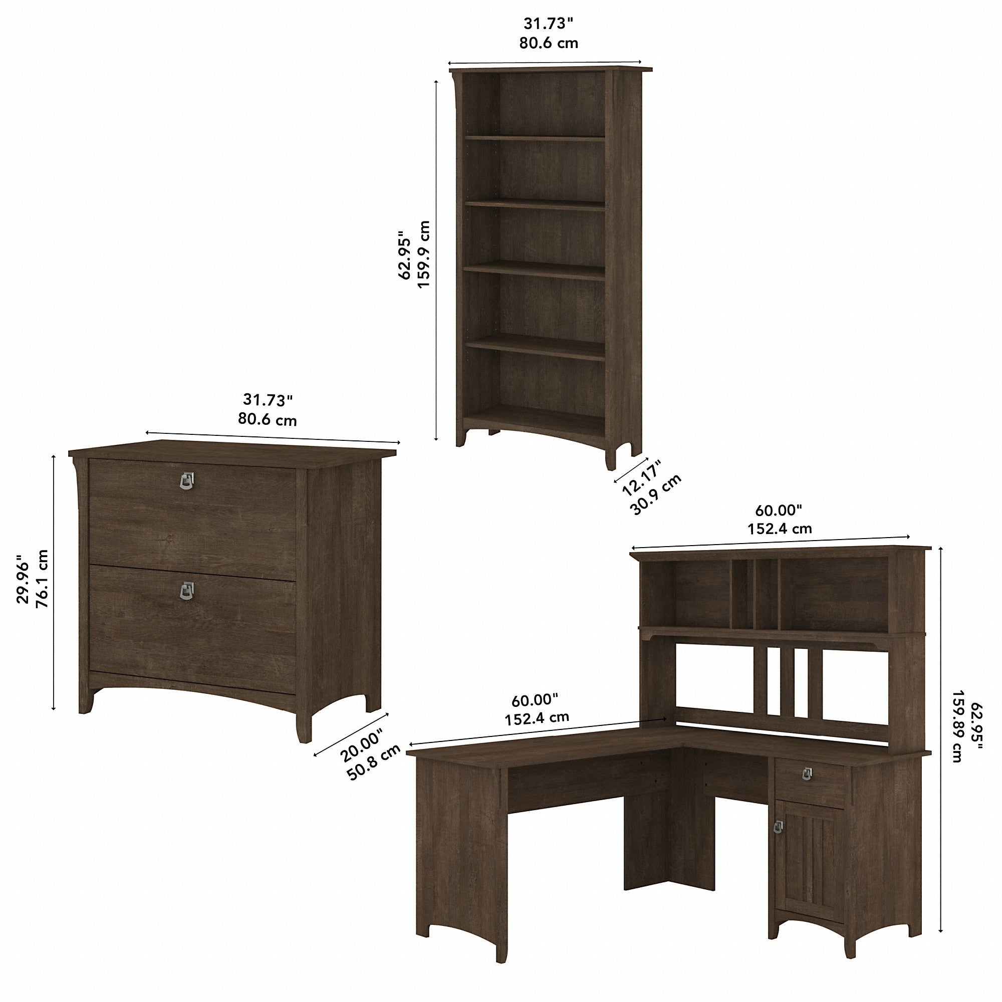 Bush Furniture Salinas 60W L Shaped Desk with Hutch, Lateral File Cabinet and 5 Shelf Bookcase