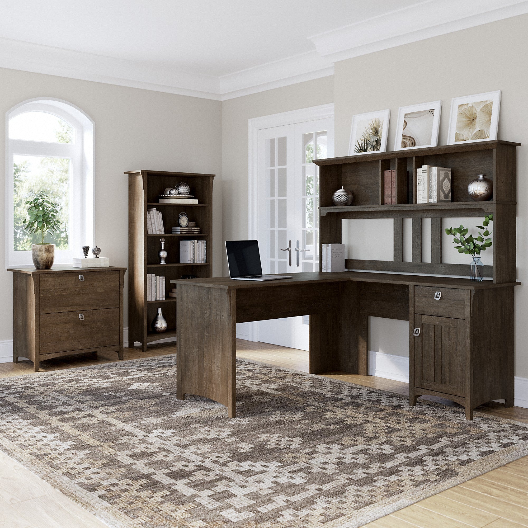 Bush Furniture Salinas 60W L Shaped Desk with Hutch, Lateral File Cabinet and 5 Shelf Bookcase