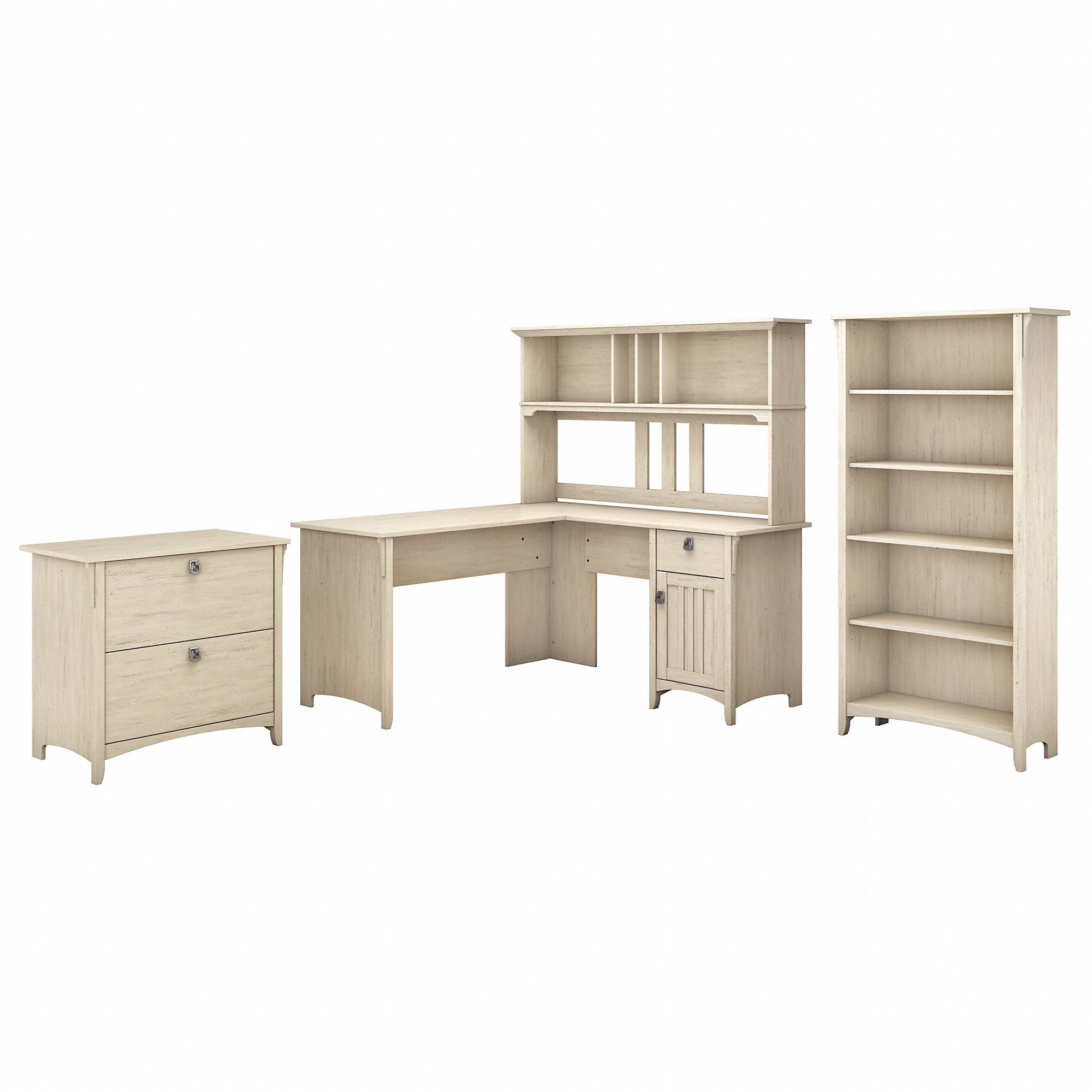 Bush Furniture Salinas 60W L Shaped Desk with Hutch, Lateral File Cabinet and 5 Shelf Bookcase