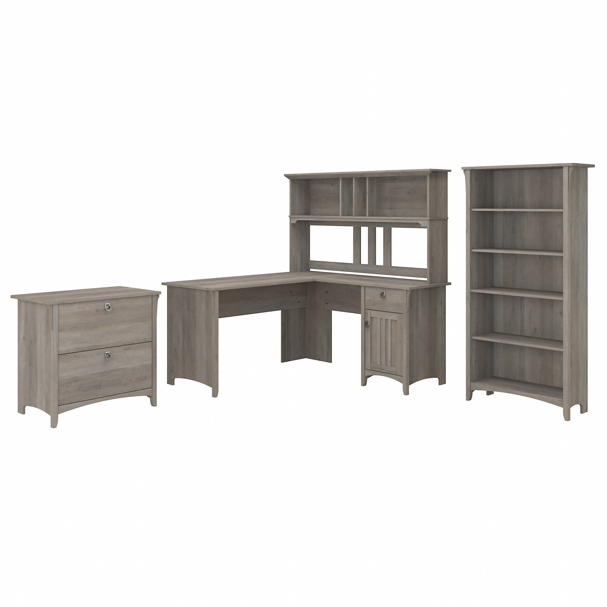 Bush Furniture Salinas 60W L Shaped Desk with Hutch, Lateral File Cabinet and 5 Shelf Bookcase