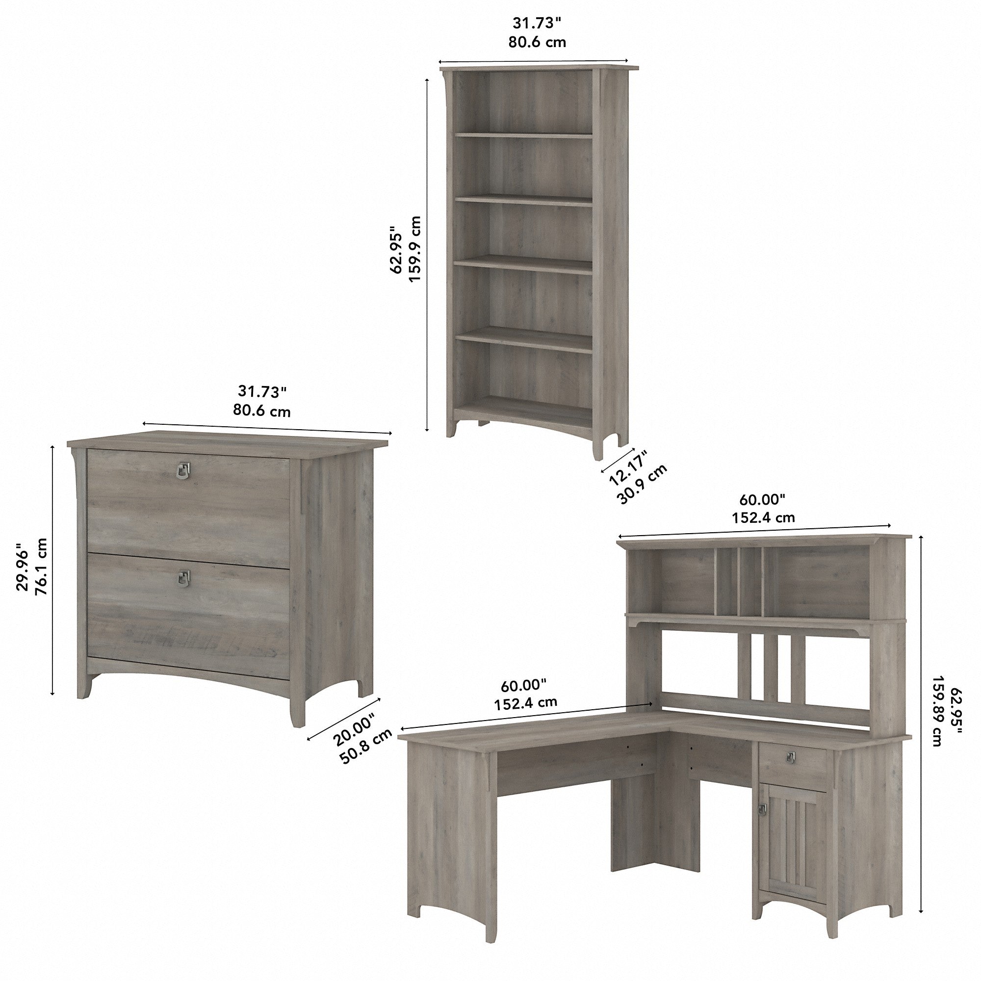 Bush Furniture Salinas 60W L Shaped Desk with Hutch, Lateral File Cabinet and 5 Shelf Bookcase