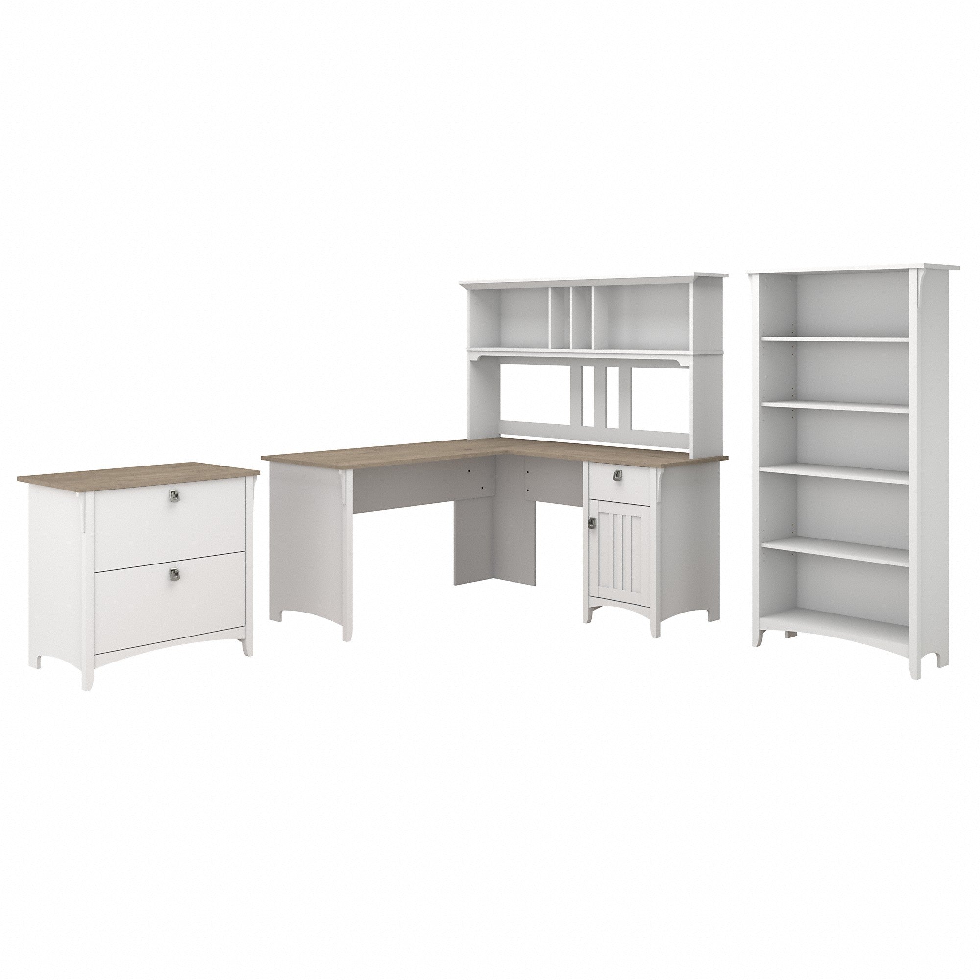 Bush Furniture Salinas 60W L Shaped Desk with Hutch, Lateral File Cabinet and 5 Shelf Bookcase