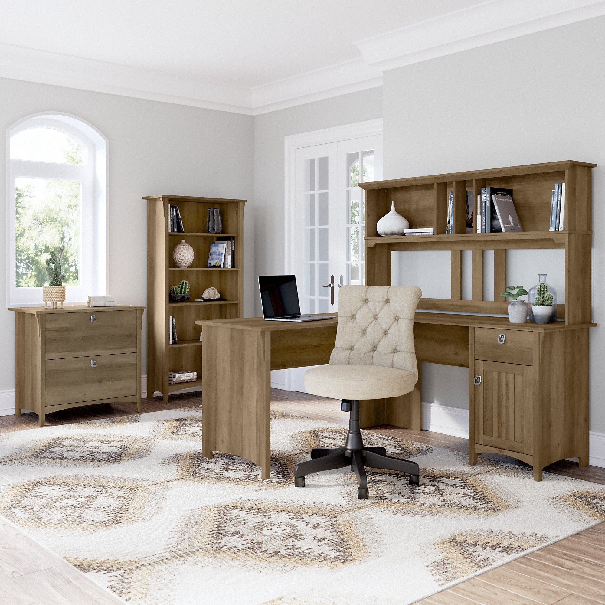 Bush Furniture Salinas 60W L Shaped Desk with Hutch, Lateral File Cabinet and 5 Shelf Bookcase