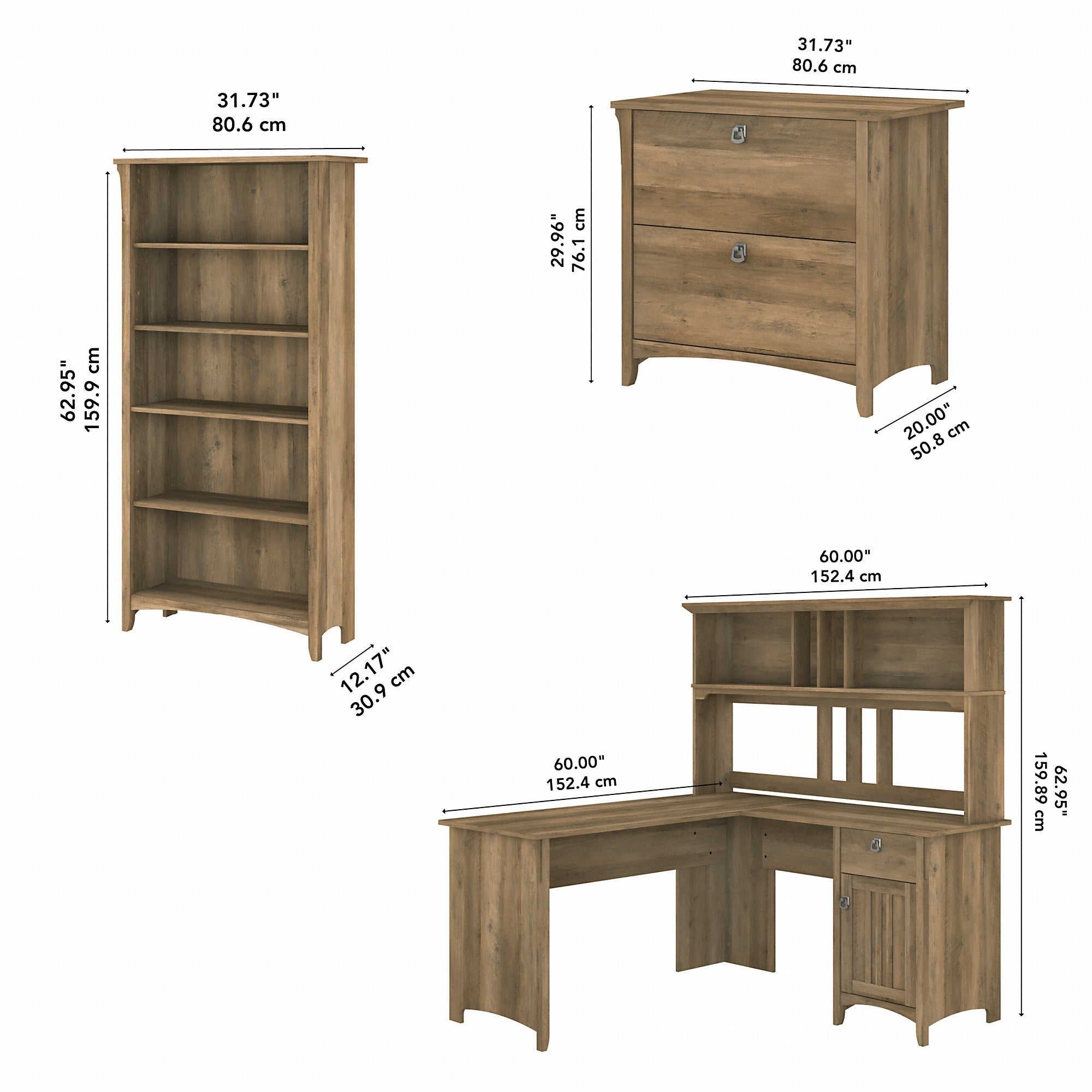 Bush Furniture Salinas 60W L Shaped Desk with Hutch, Lateral File Cabinet and 5 Shelf Bookcase