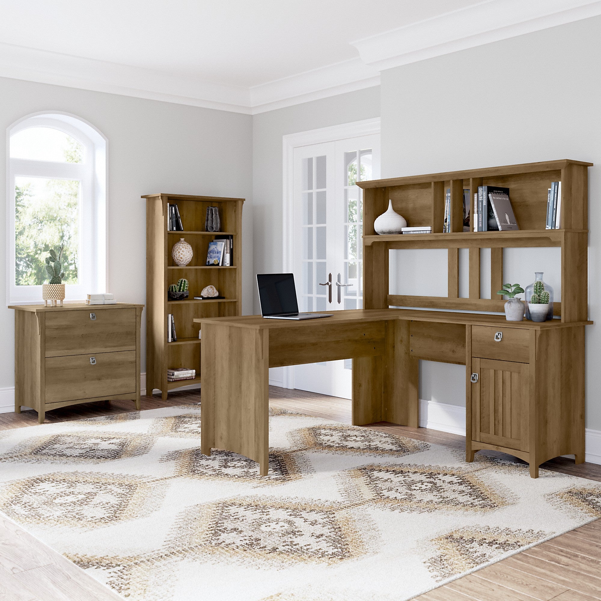 Bush Furniture Salinas 60W L Shaped Desk with Hutch, Lateral File Cabinet and 5 Shelf Bookcase