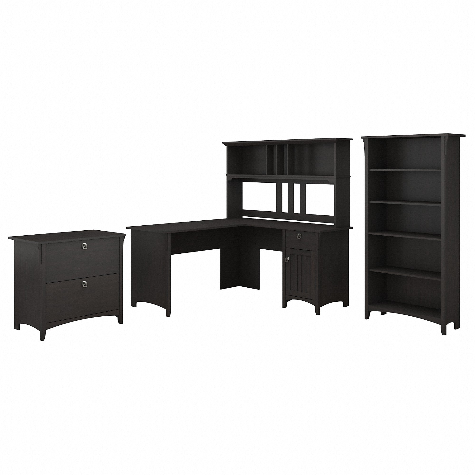 Bush Furniture Salinas 60W L Shaped Desk with Hutch, Lateral File Cabinet and 5 Shelf Bookcase