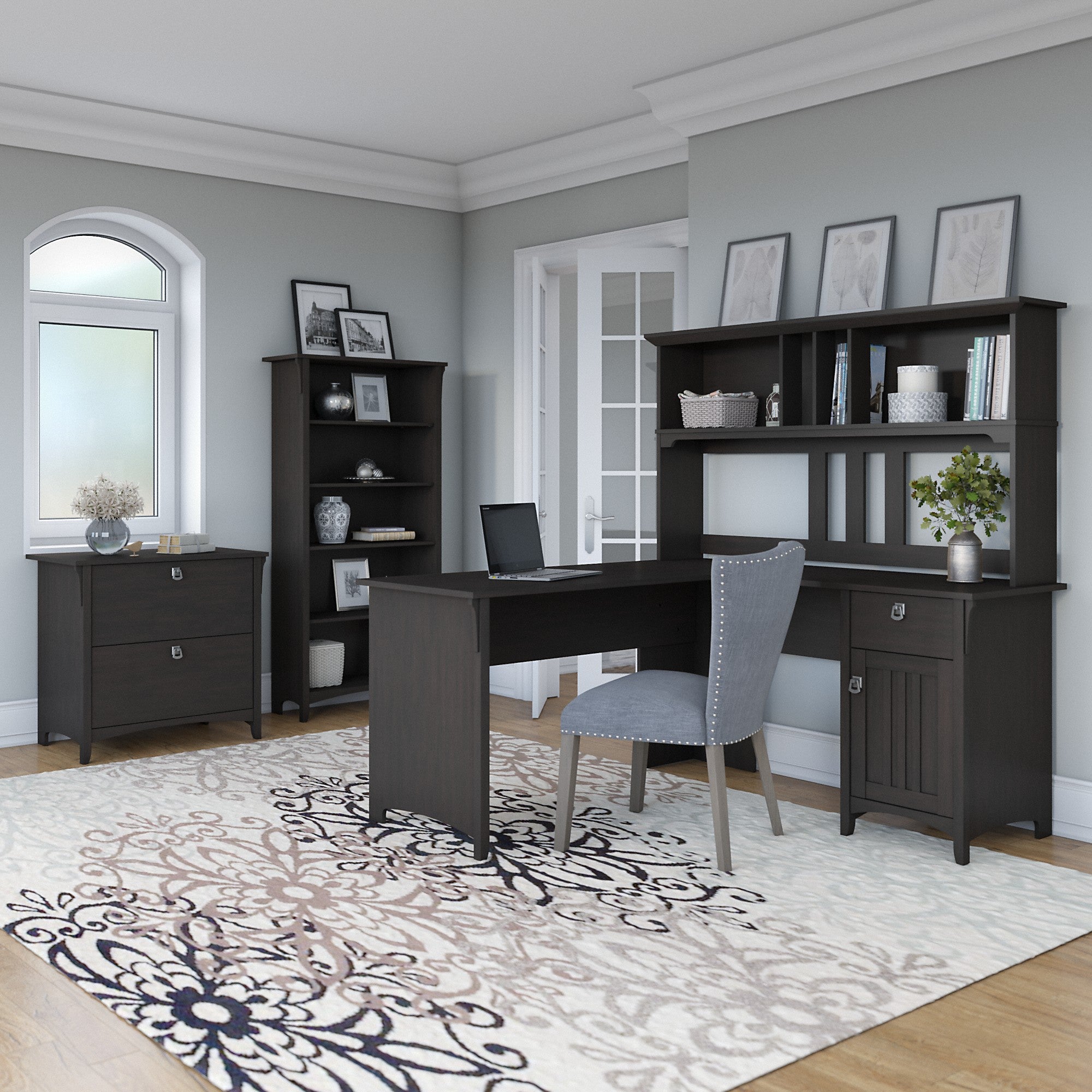 Bush Furniture Salinas 60W L Shaped Desk with Hutch, Lateral File Cabinet and 5 Shelf Bookcase