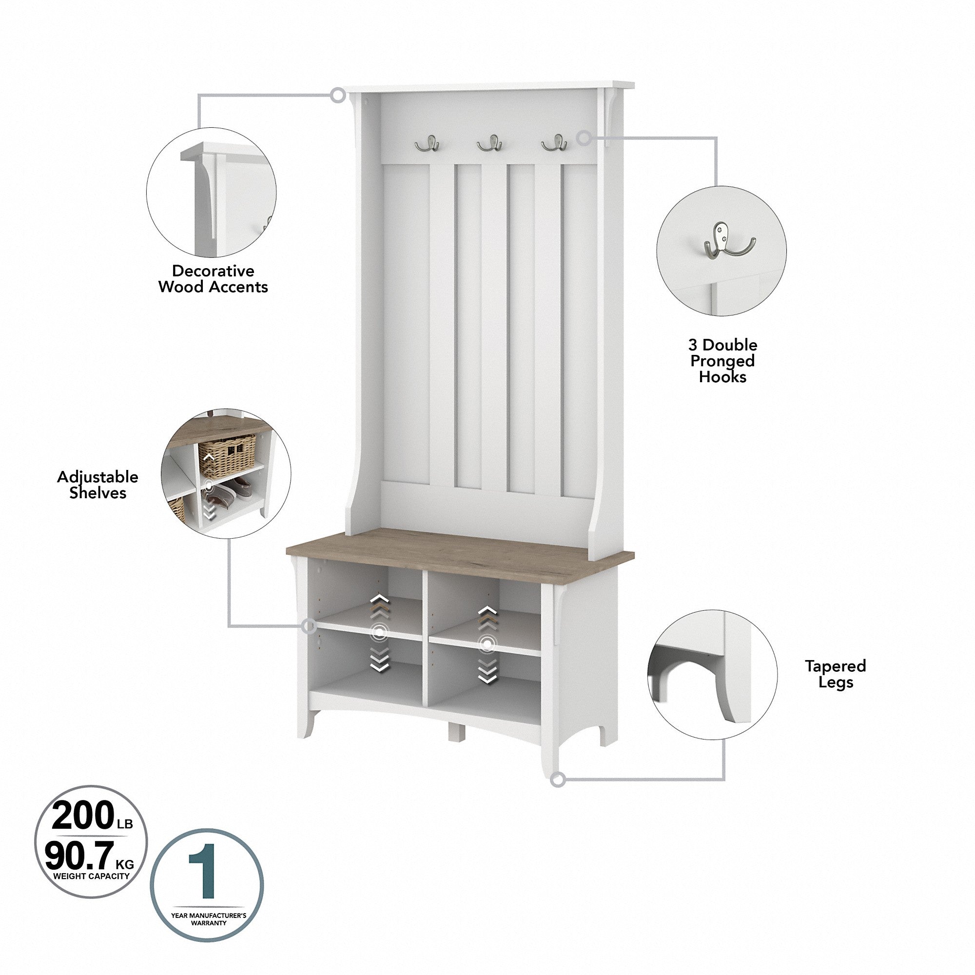 Bush Furniture Salinas Entryway Storage Set with Hall Tree, Shoe Bench and Accent Cabinet