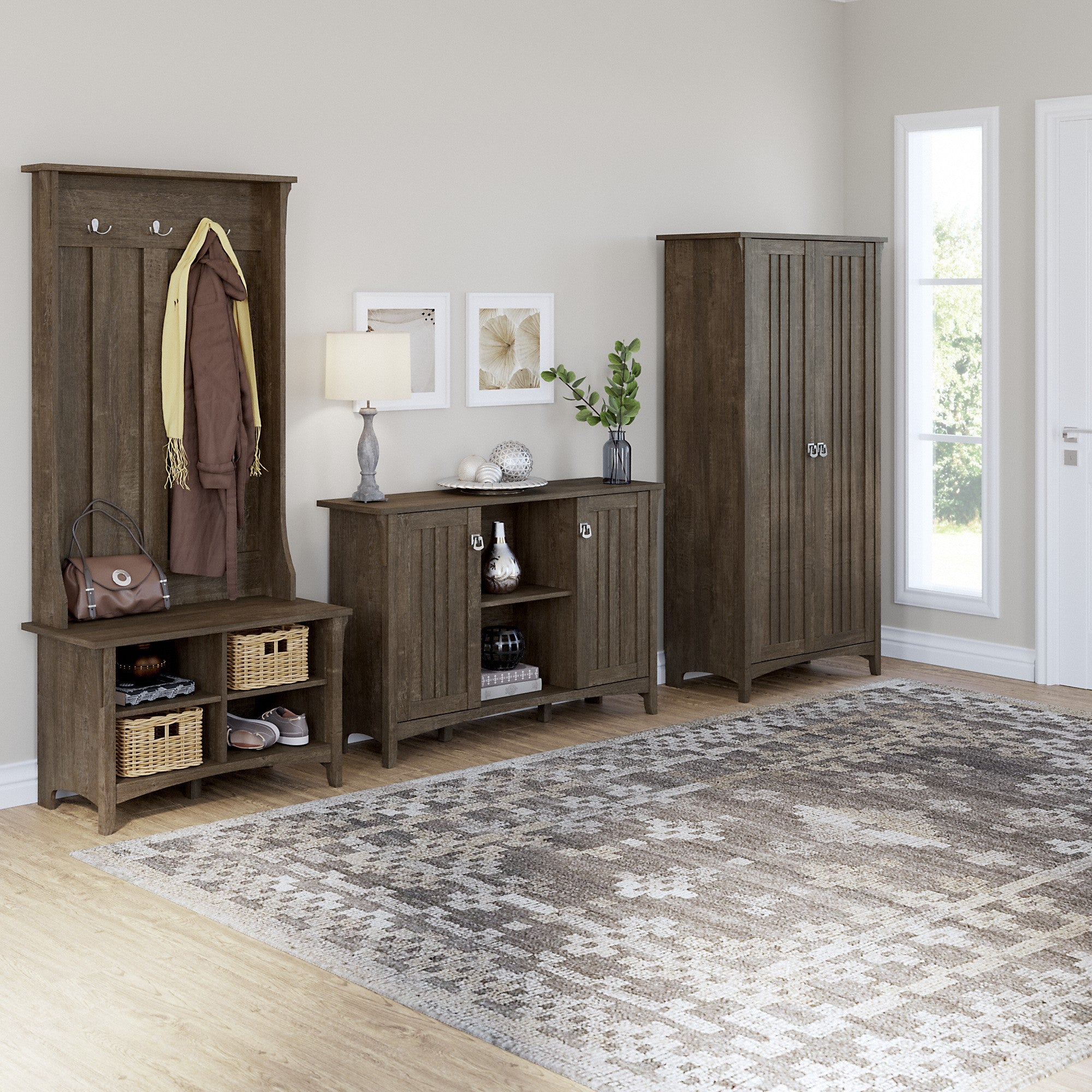 Bush Furniture Salinas Entryway Storage Set with Hall Tree, Shoe Bench and Accent Cabinets