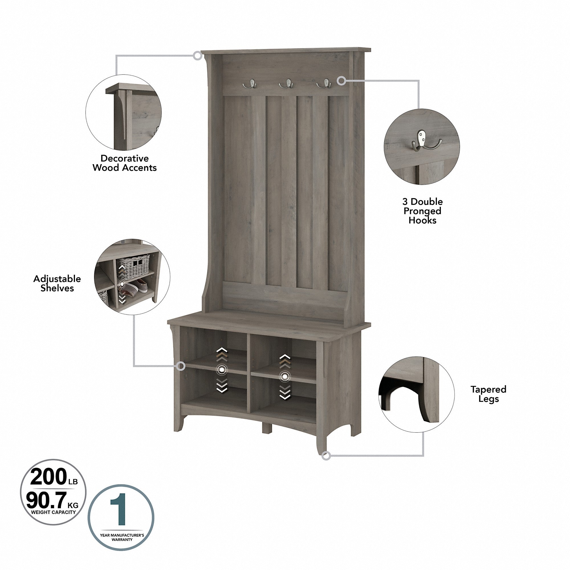 Bush Furniture Salinas Entryway Storage Set with Hall Tree, Shoe Bench and Accent Cabinets