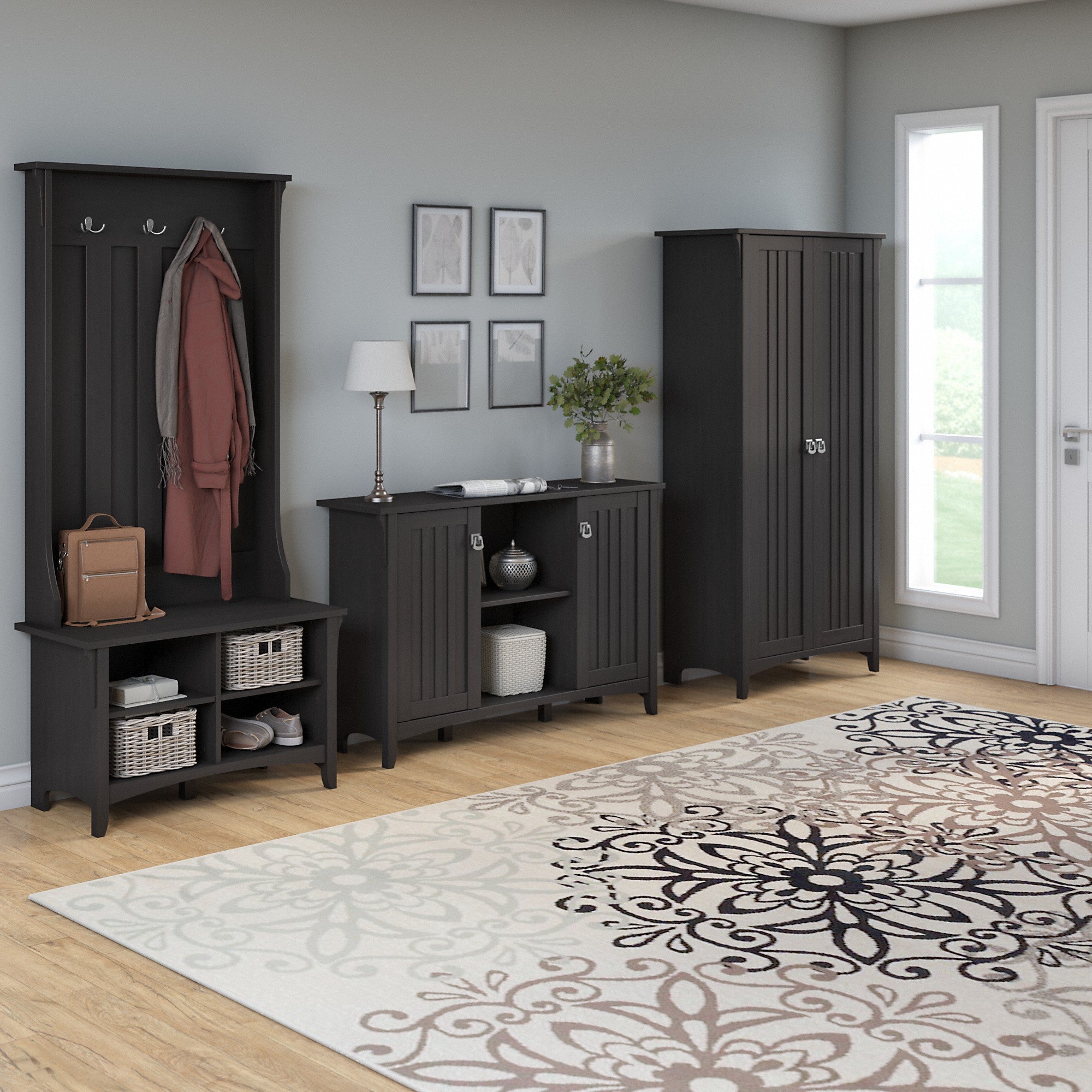 Bush Furniture Salinas Entryway Storage Set with Hall Tree, Shoe Bench and Accent Cabinets