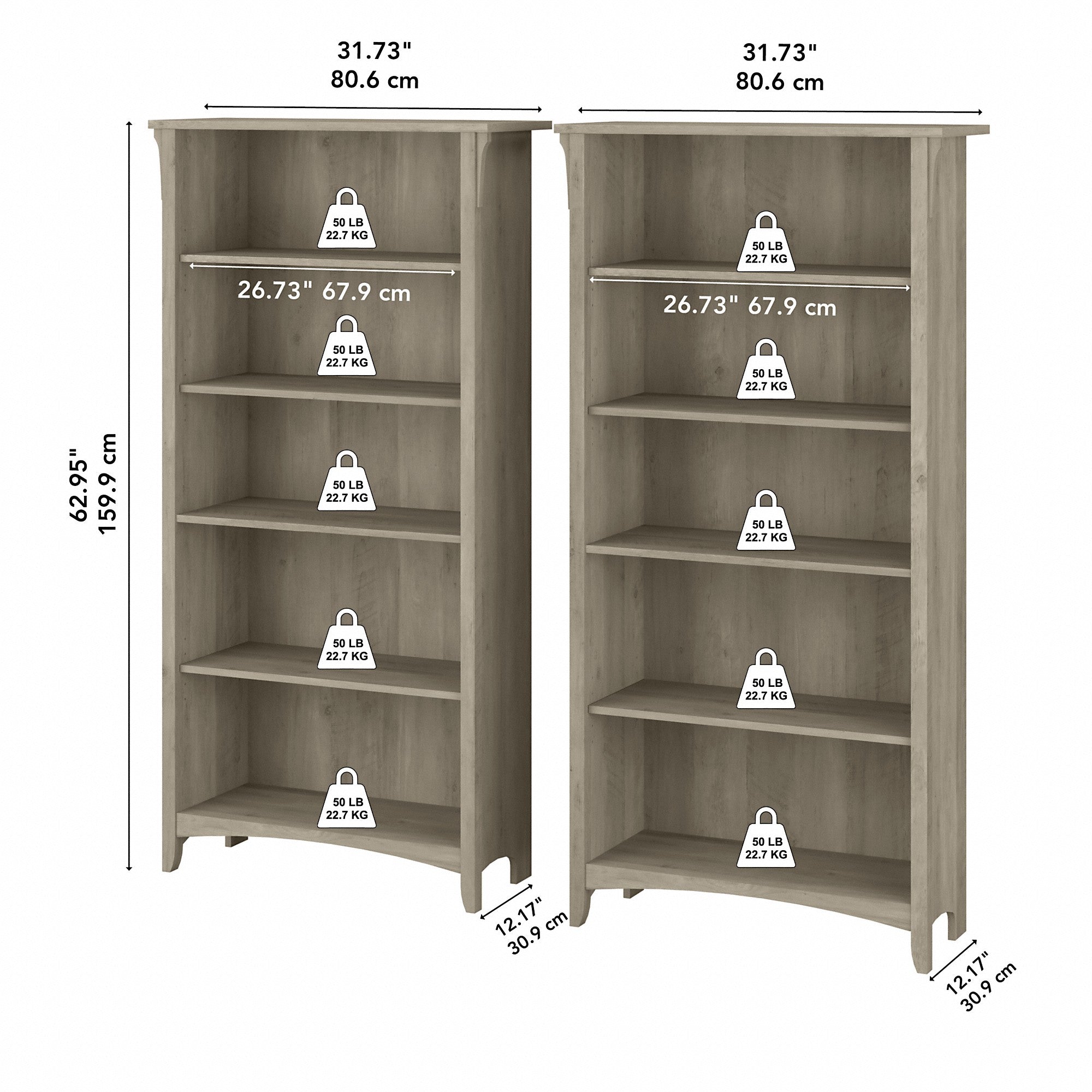 Bush Furniture Salinas Tall 5 Shelf Bookcase - Set of 2