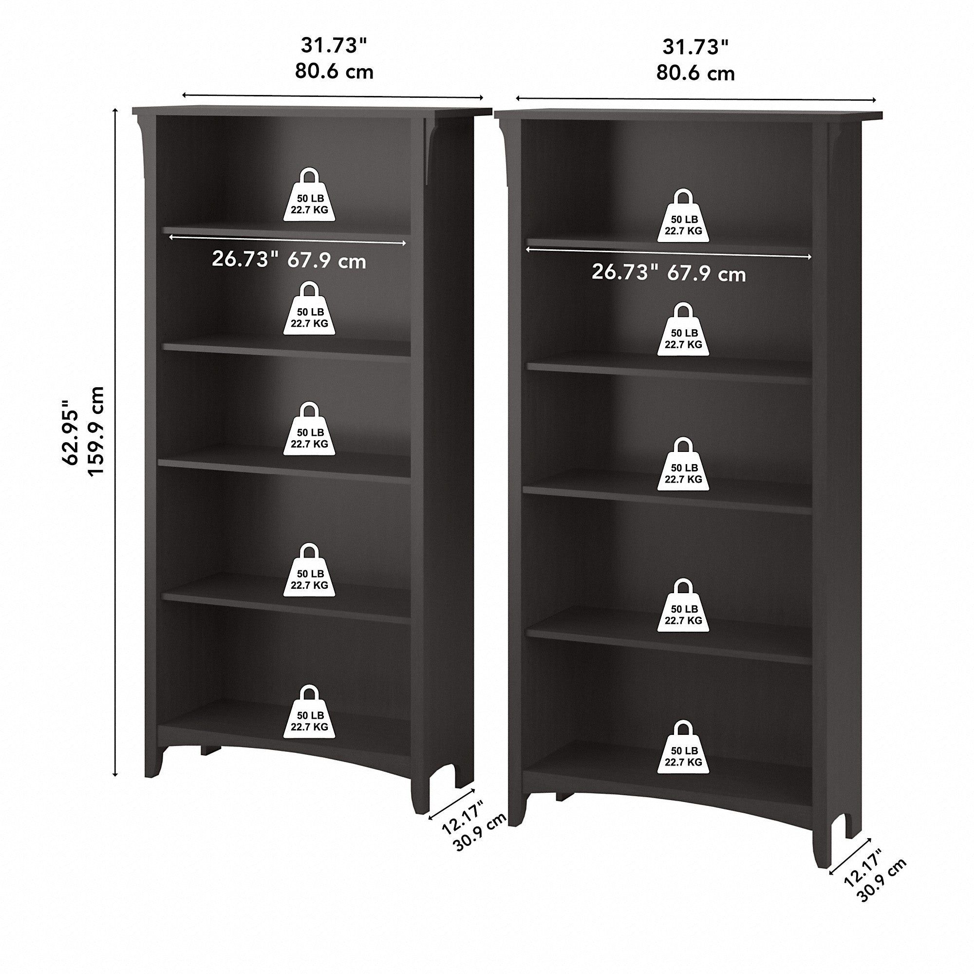 Bush Furniture Salinas Tall 5 Shelf Bookcase - Set of 2