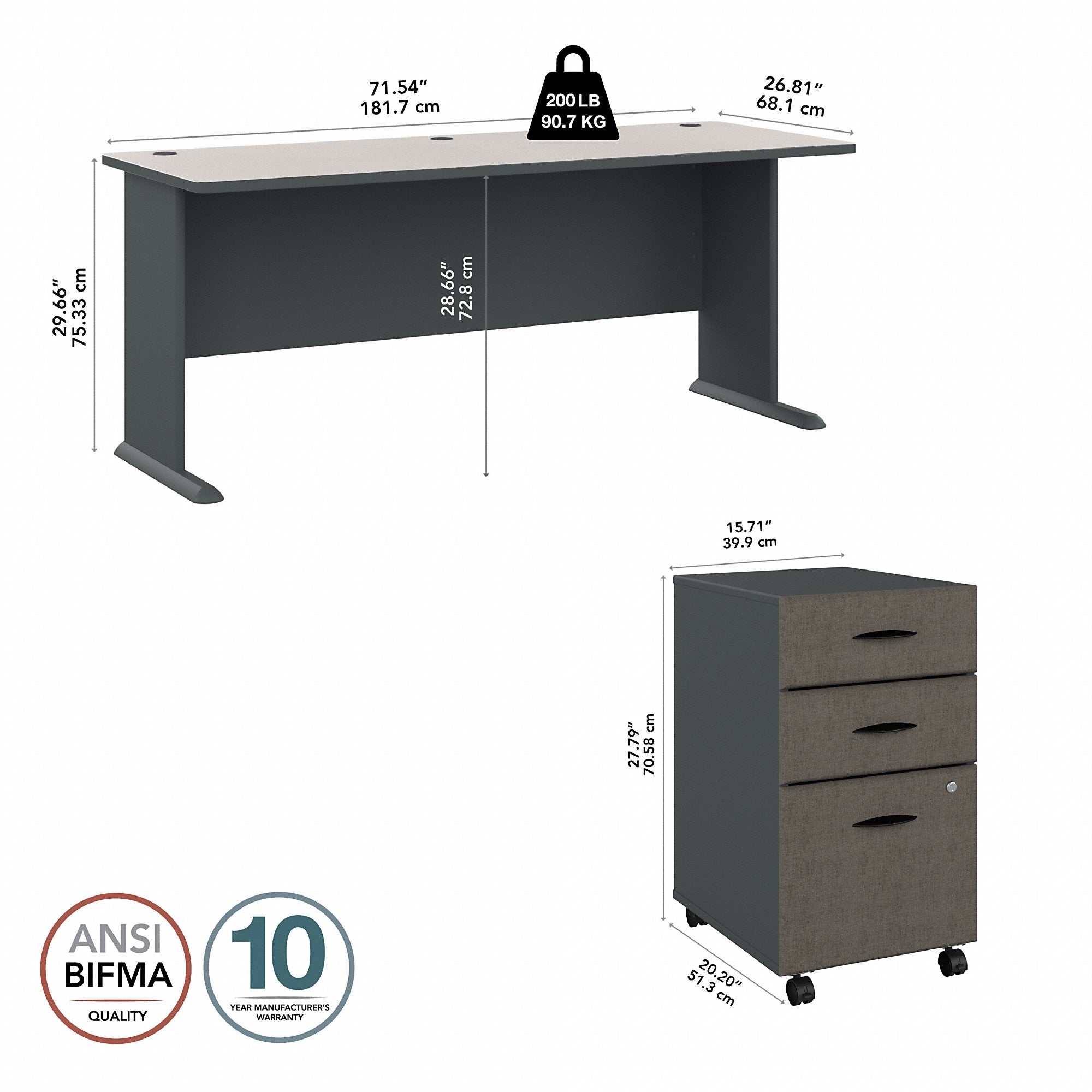 Bush Business Furniture Series A 72W Desk with Mobile File Cabinet