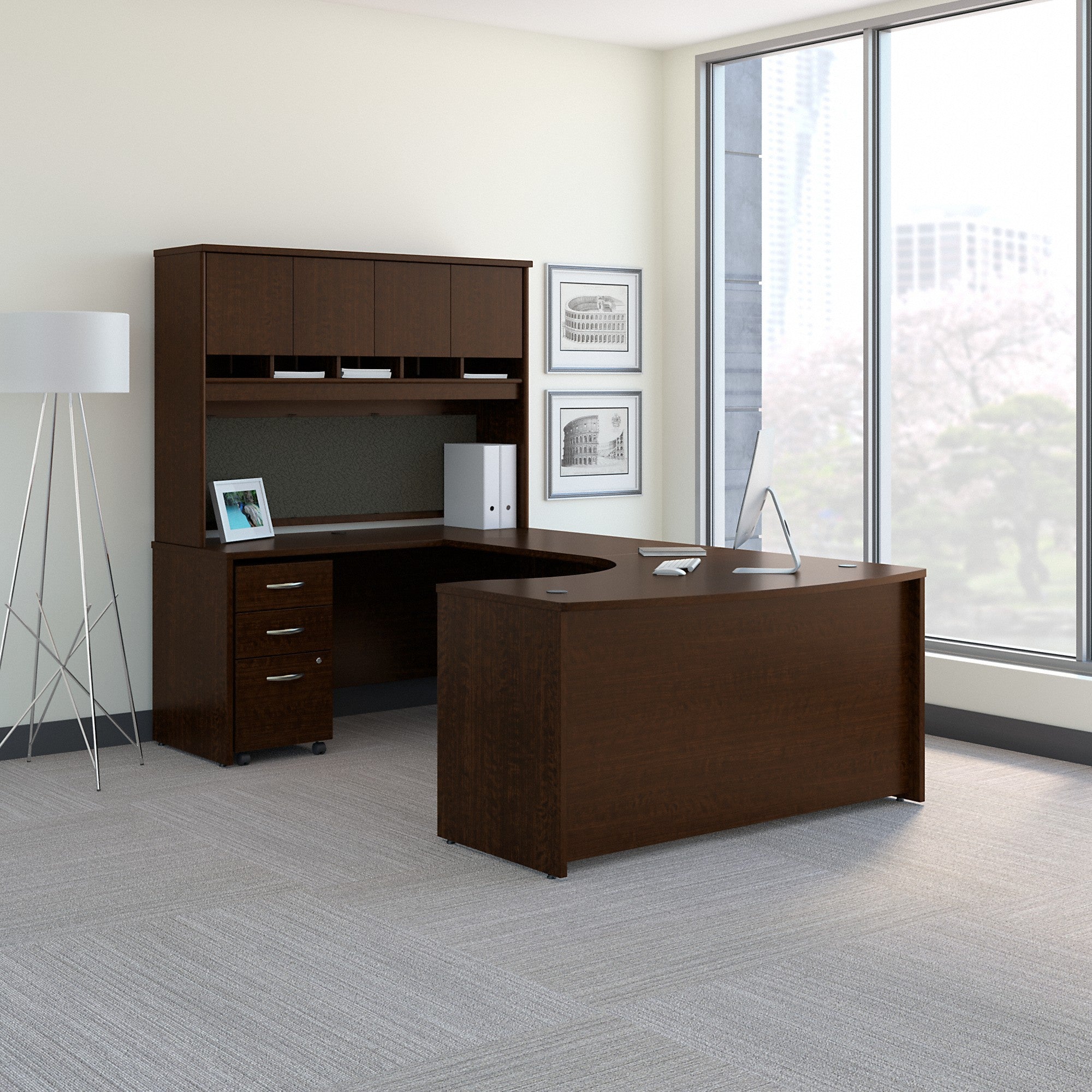 Bush Business Furniture Series C 60W Left Handed Bow Front U Shaped Desk with Hutch and Storage