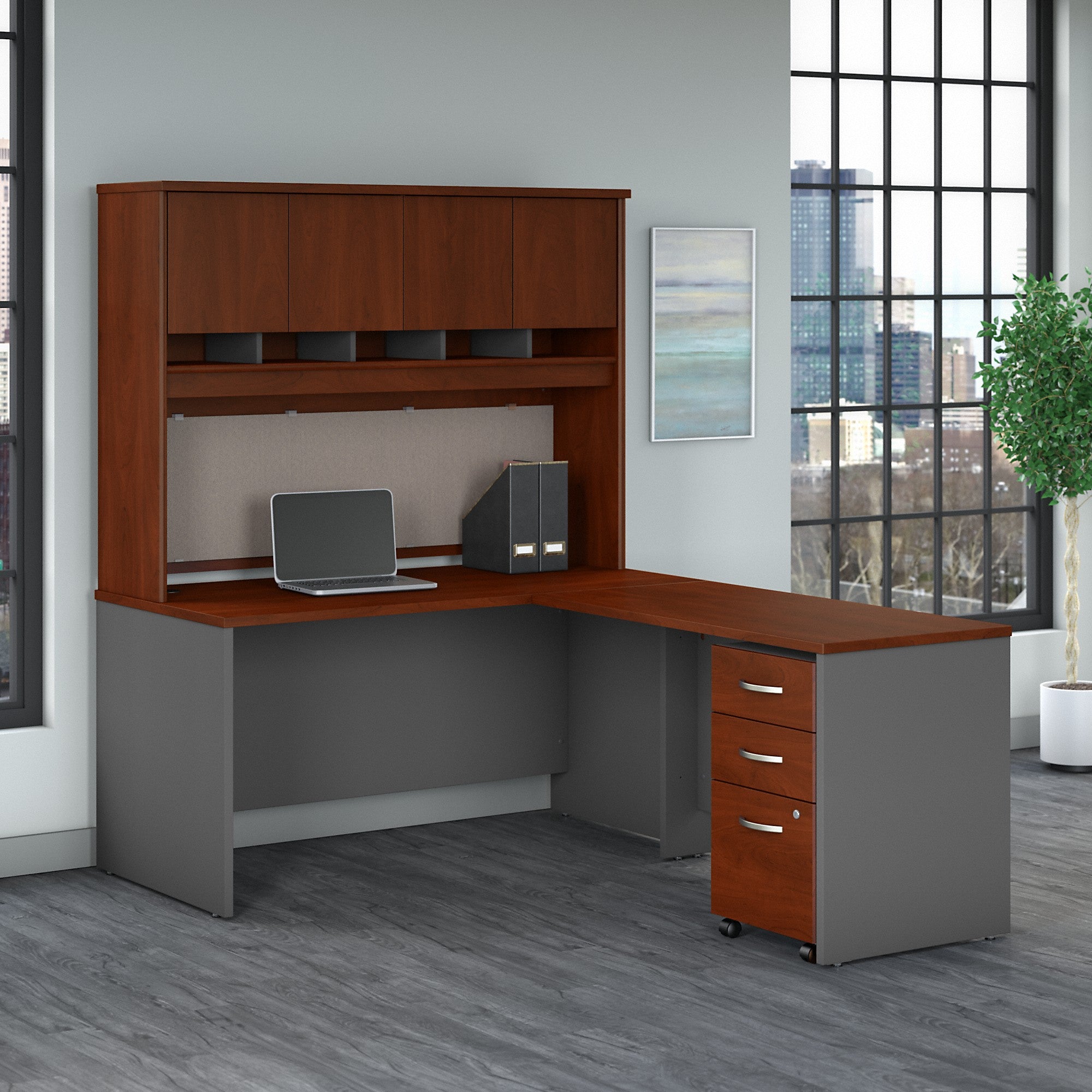 Bush Business Furniture Series C 60W L Shaped Desk with Hutch and Mobile File Cabinet