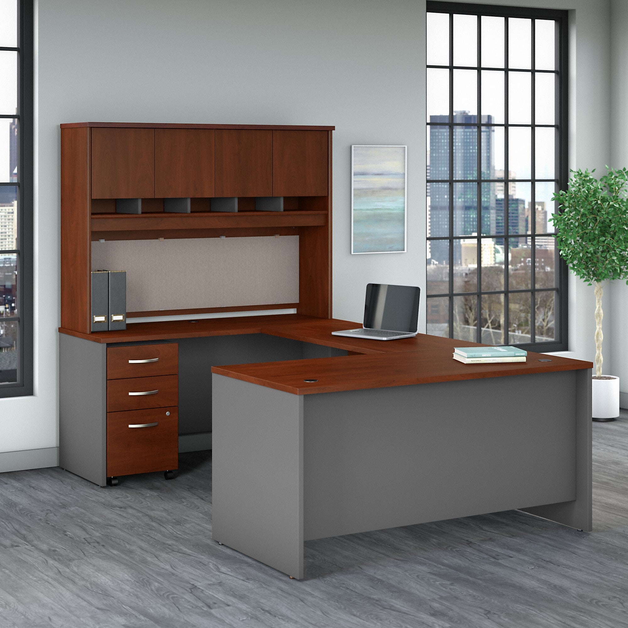 Bush Business Furniture Series C 60W U Shaped Desk with Hutch and Mobile File Cabinet