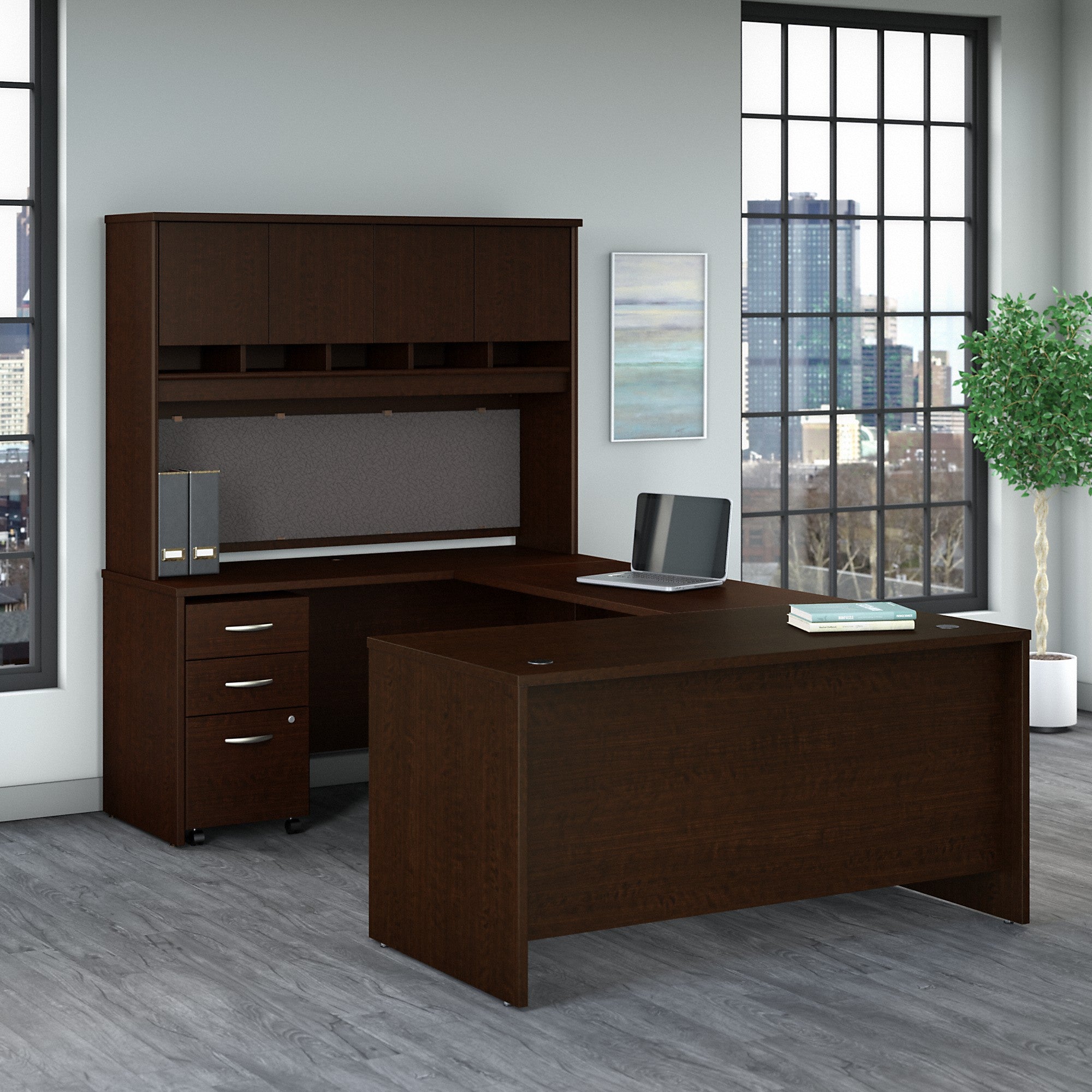 Bush Business Furniture Series C 60W U Shaped Desk with Hutch and Mobile File Cabinet