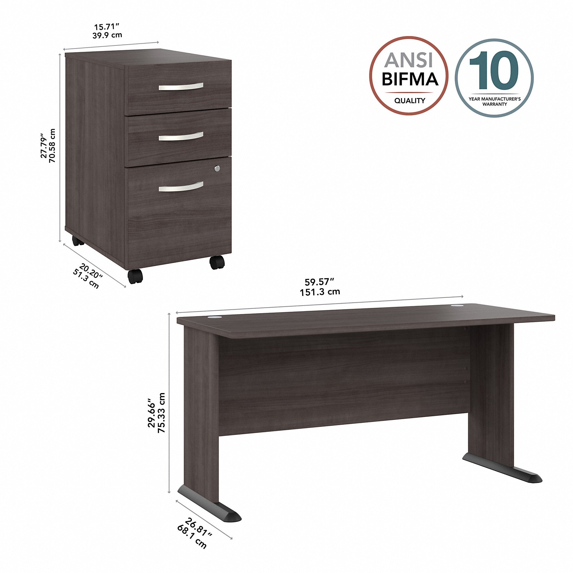 Bush Business Furniture Studio A 60W Computer Desk with 3 Drawer Mobile File Cabinet