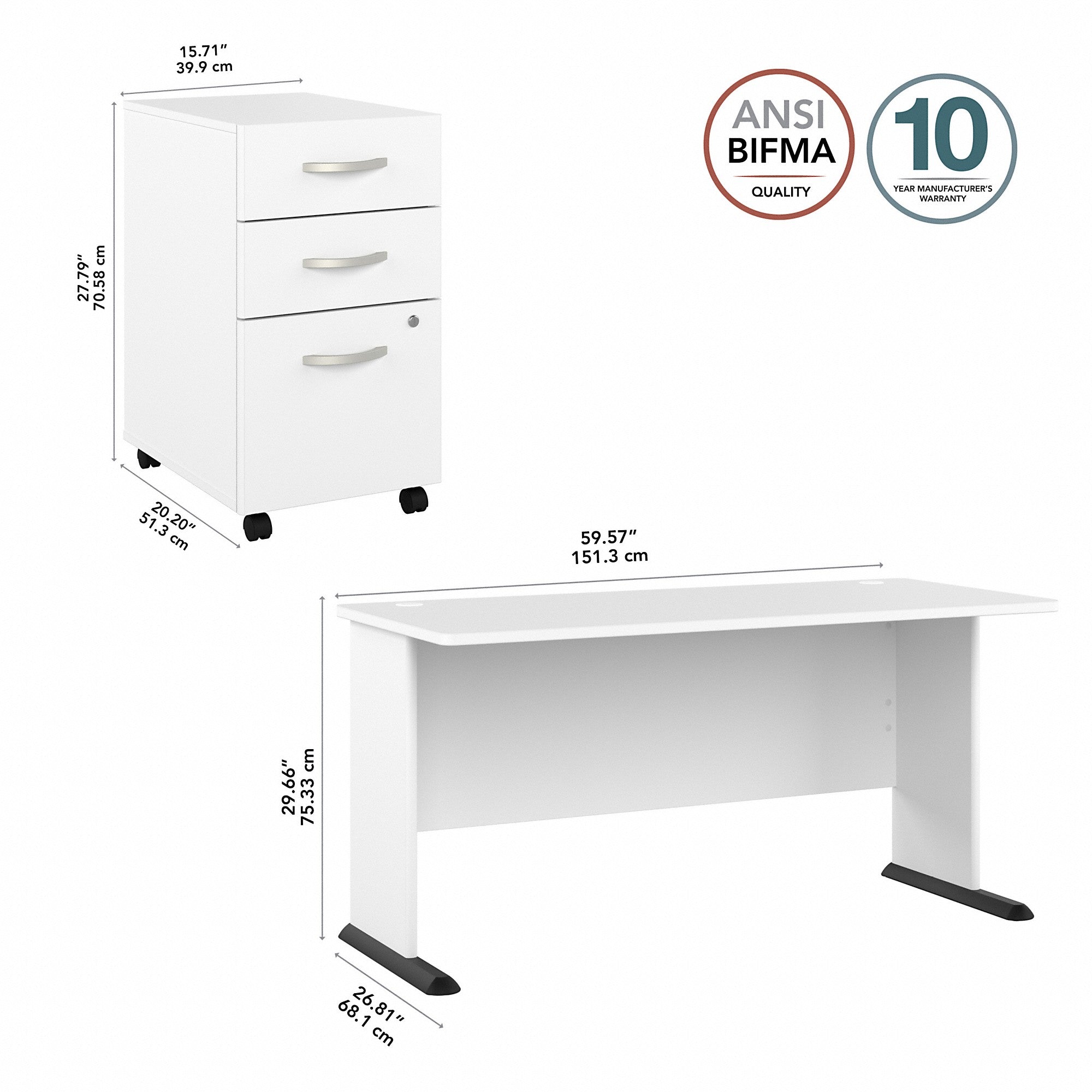 Bush Business Furniture Studio A 60W Computer Desk with 3 Drawer Mobile File Cabinet