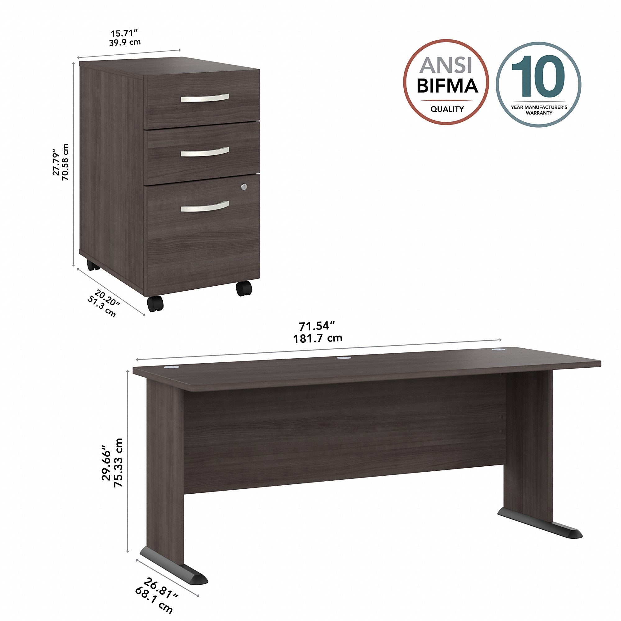 Bush Business Furniture Studio A 72W Computer Desk with 3 Drawer Mobile File Cabinet