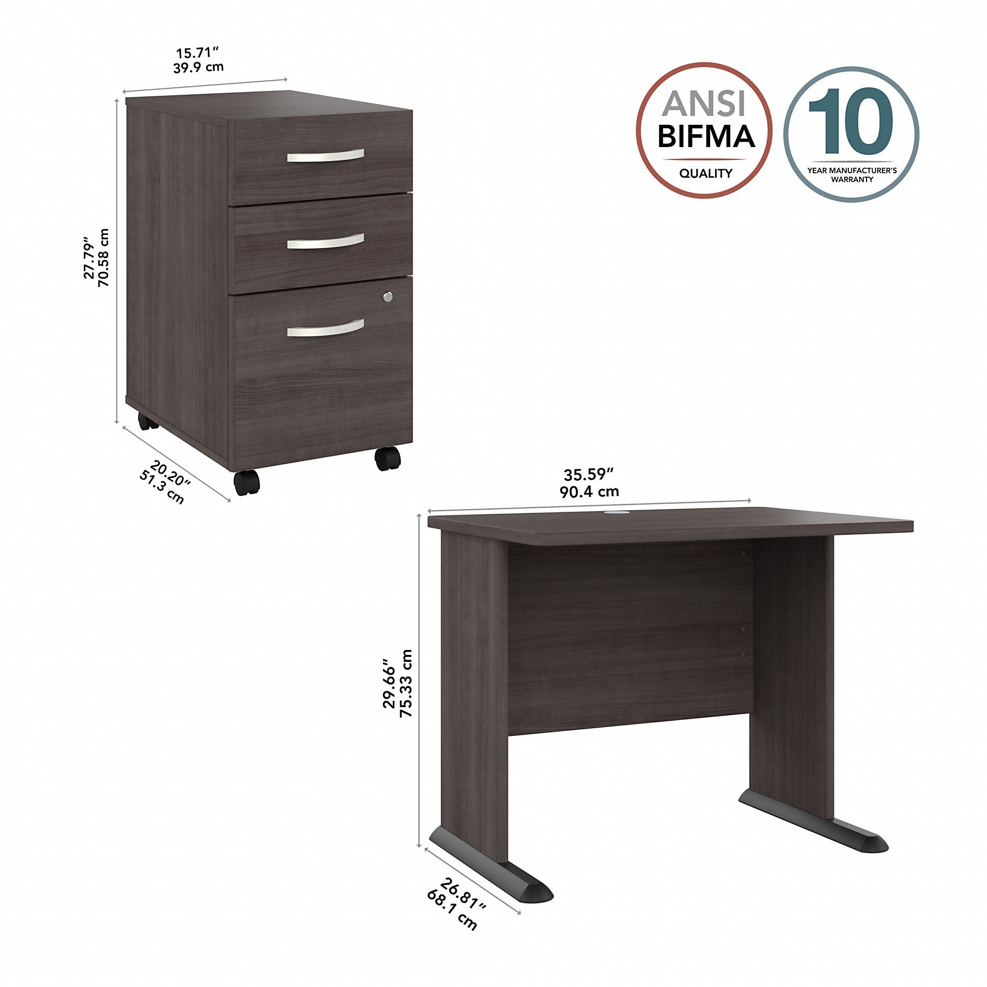 Bush Business Furniture Studio A 36W Small Computer Desk with 3 Drawer Mobile File Cabinet