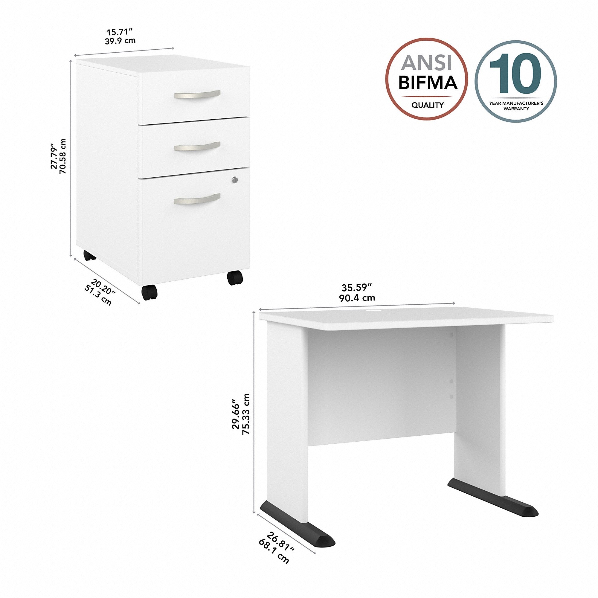 Bush Business Furniture Studio A 36W Small Computer Desk with 3 Drawer Mobile File Cabinet