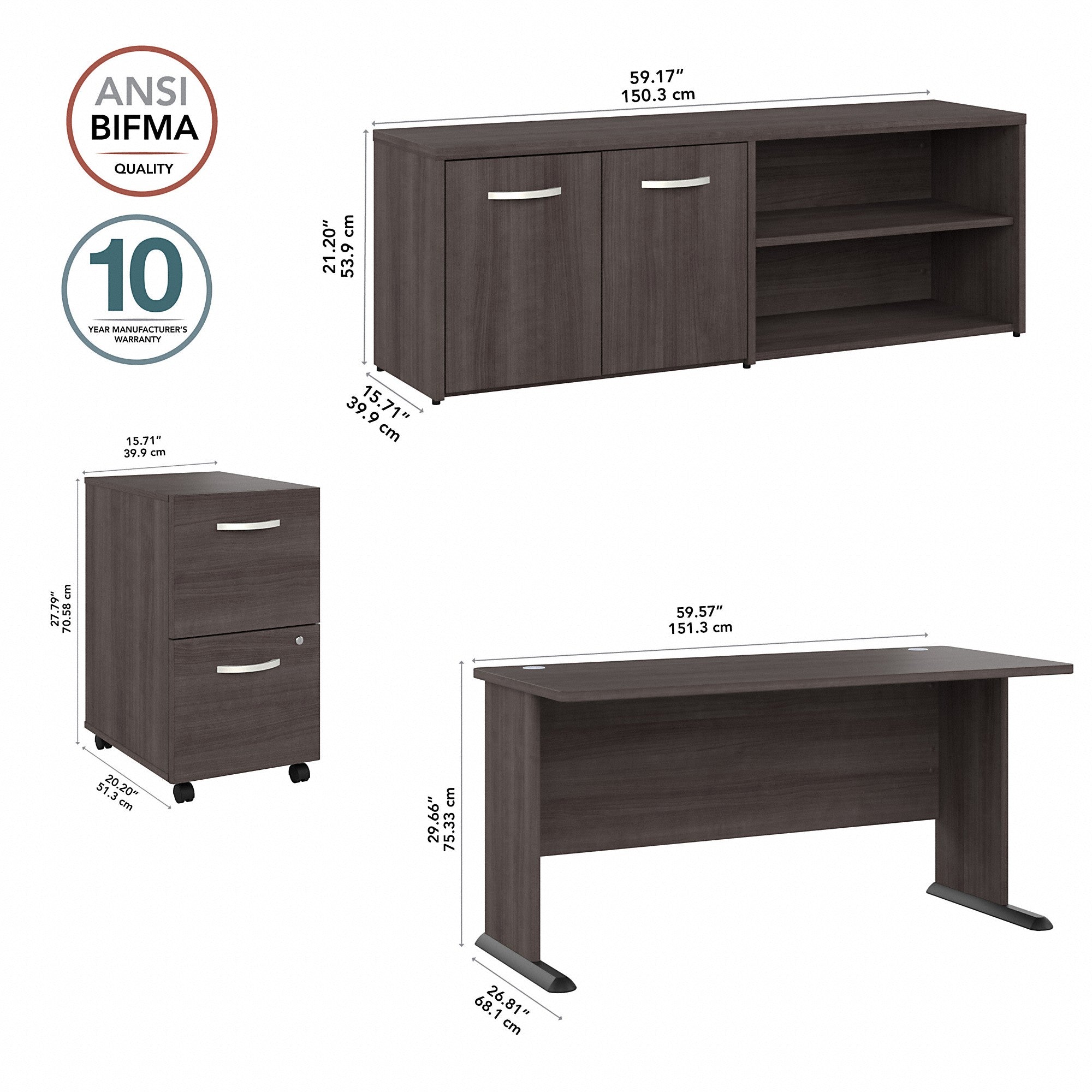 Bush Business Furniture Studio A 60W Computer Desk with Mobile File Cabinet and Low Storage Cabinet