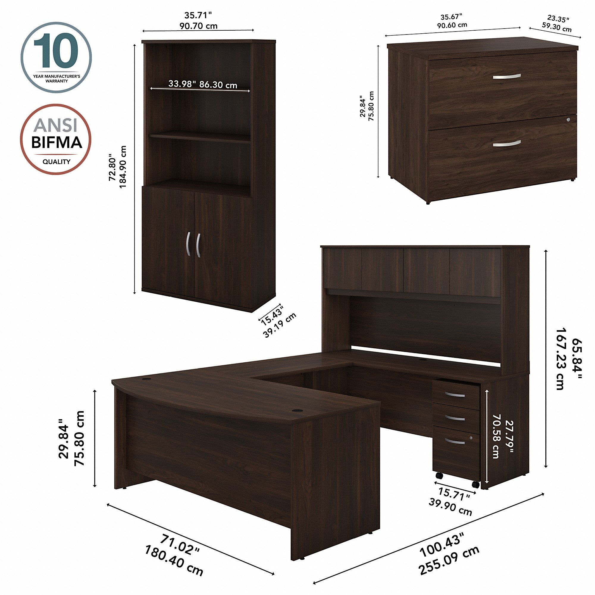 Bush Business Furniture Studio C 72W x 36D U Shaped Desk with Hutch, Bookcase and File Cabinets