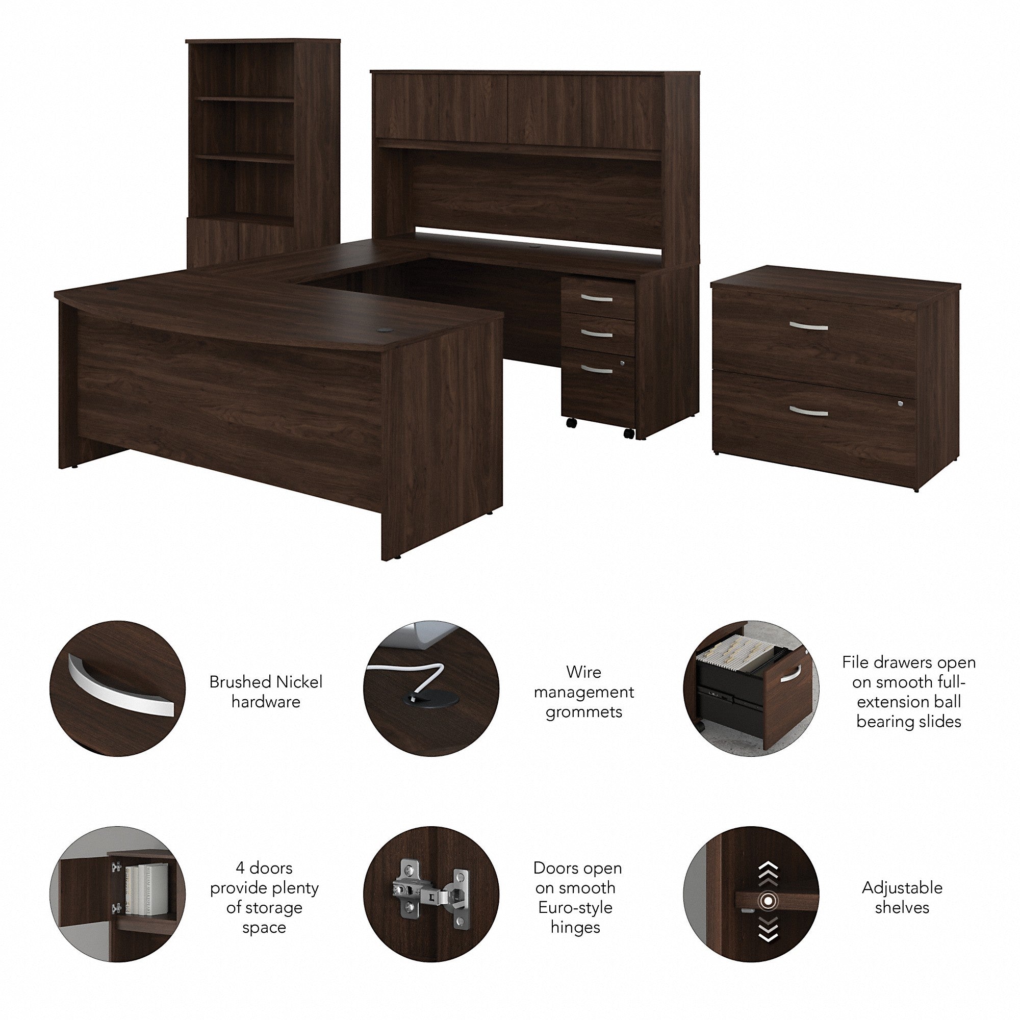 Bush Business Furniture Studio C 72W x 36D U Shaped Desk with Hutch, Bookcase and File Cabinets