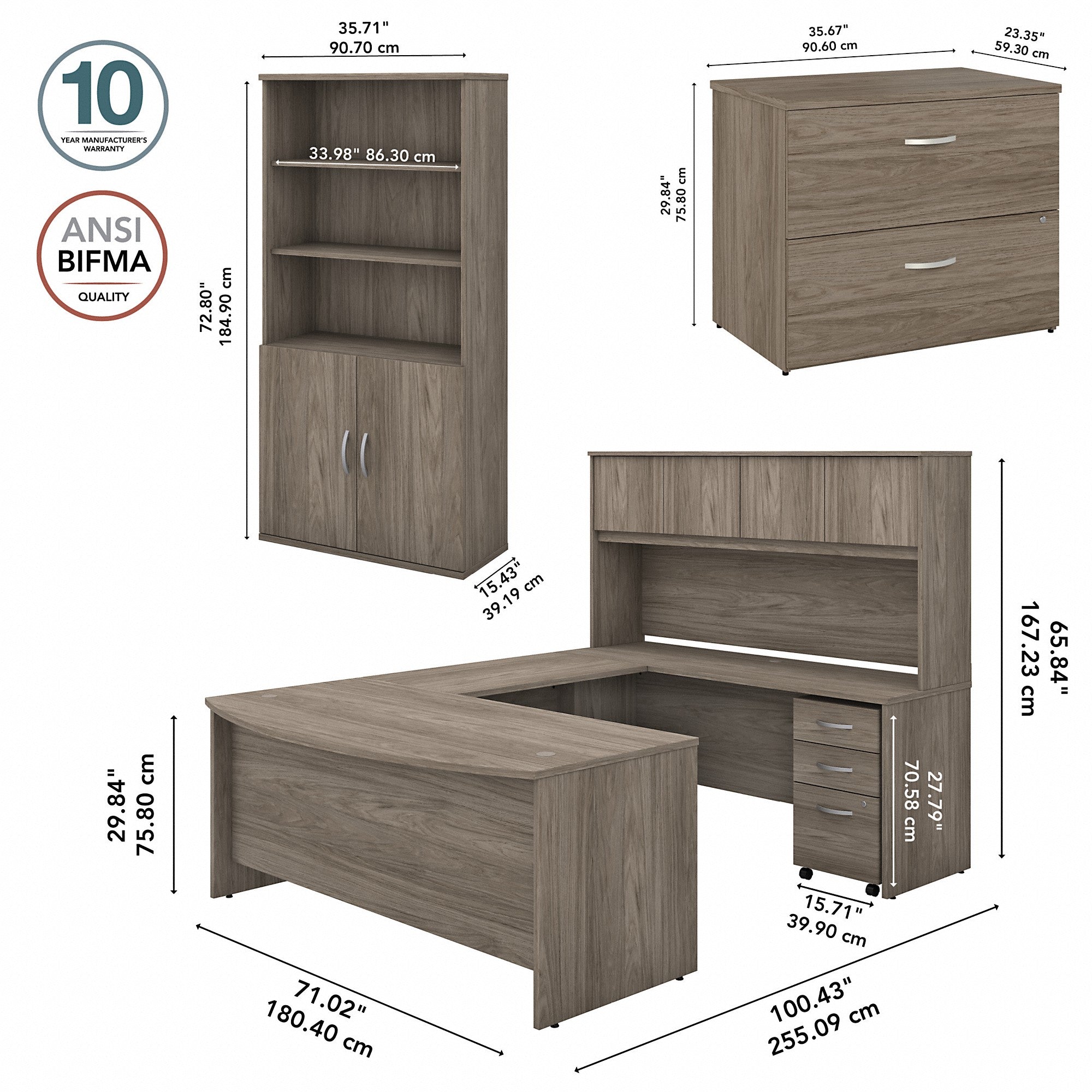 Bush Business Furniture Studio C 72W x 36D U Shaped Desk with Hutch, Bookcase and File Cabinets