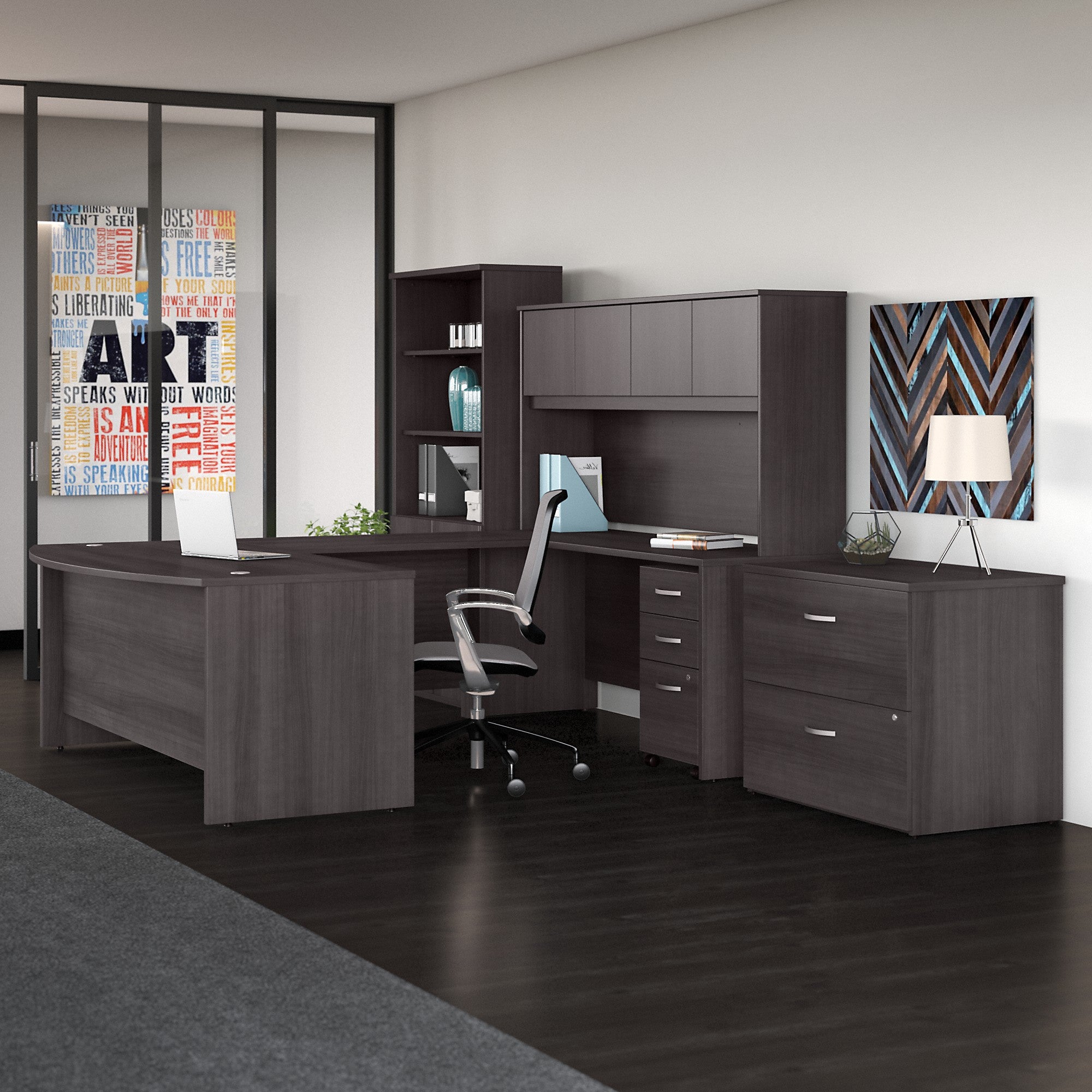 Bush Business Furniture Studio C 72W x 36D U Shaped Desk with Hutch, Bookcase and File Cabinets