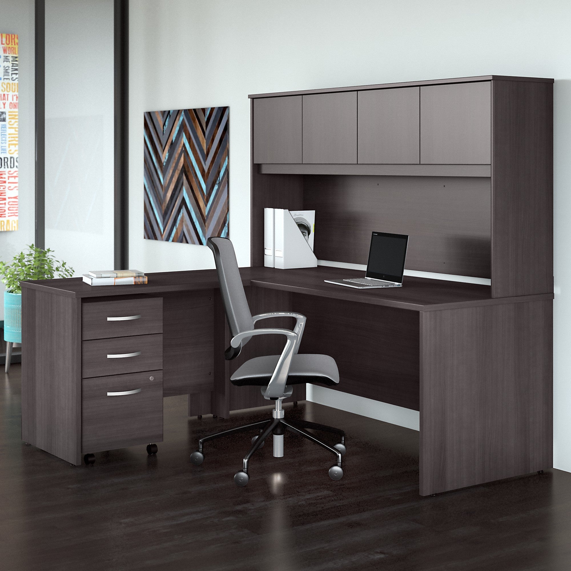 Bush Business Furniture Studio C 72W x 30D L Shaped Desk with Hutch, Mobile File Cabinet and 42W Return